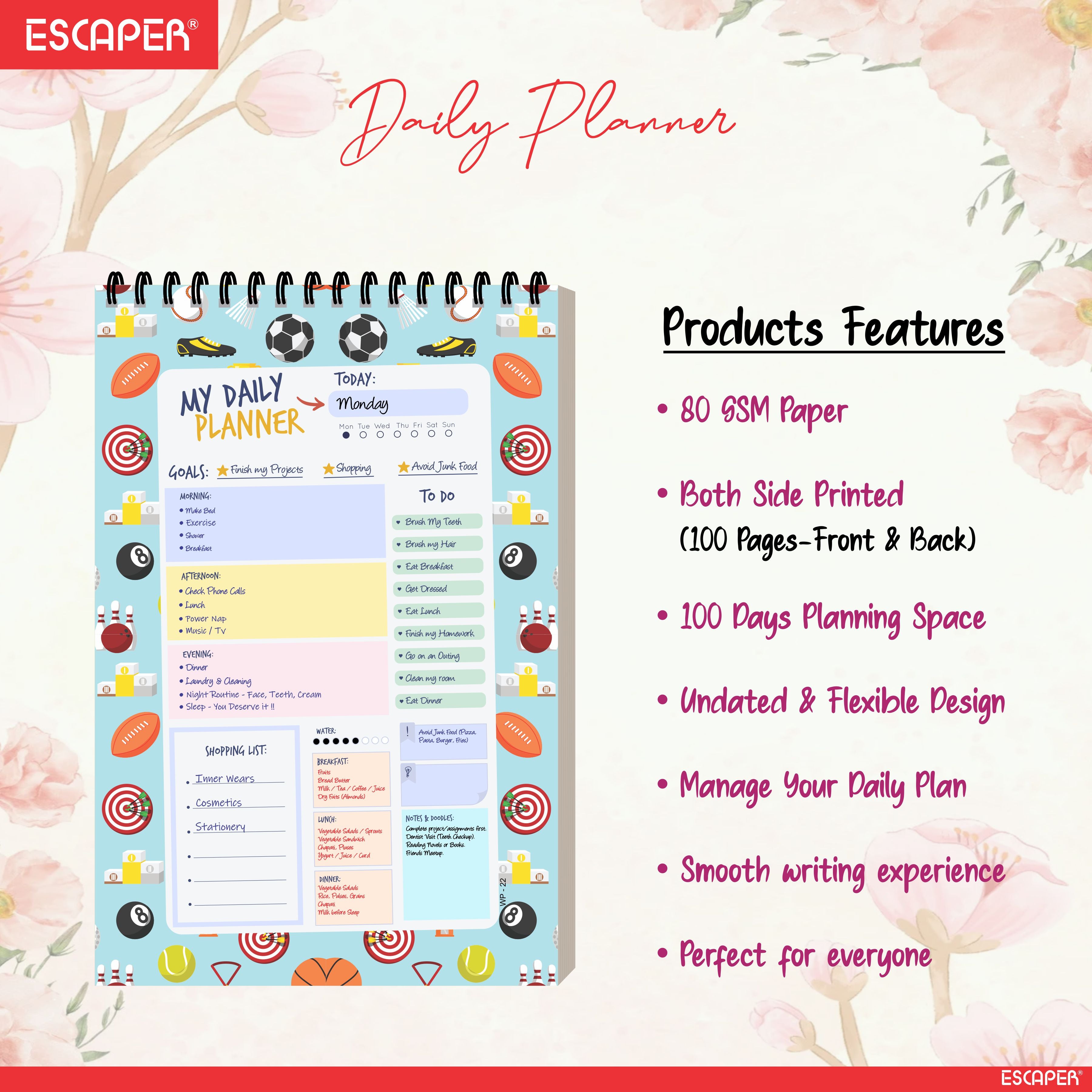 Sports Theme Daily Planner A5 – 100 Days Undated Journal with To-Do List, Priorities, Appointments & Goal Tracker | Best Gift for Sports Lovers & Students