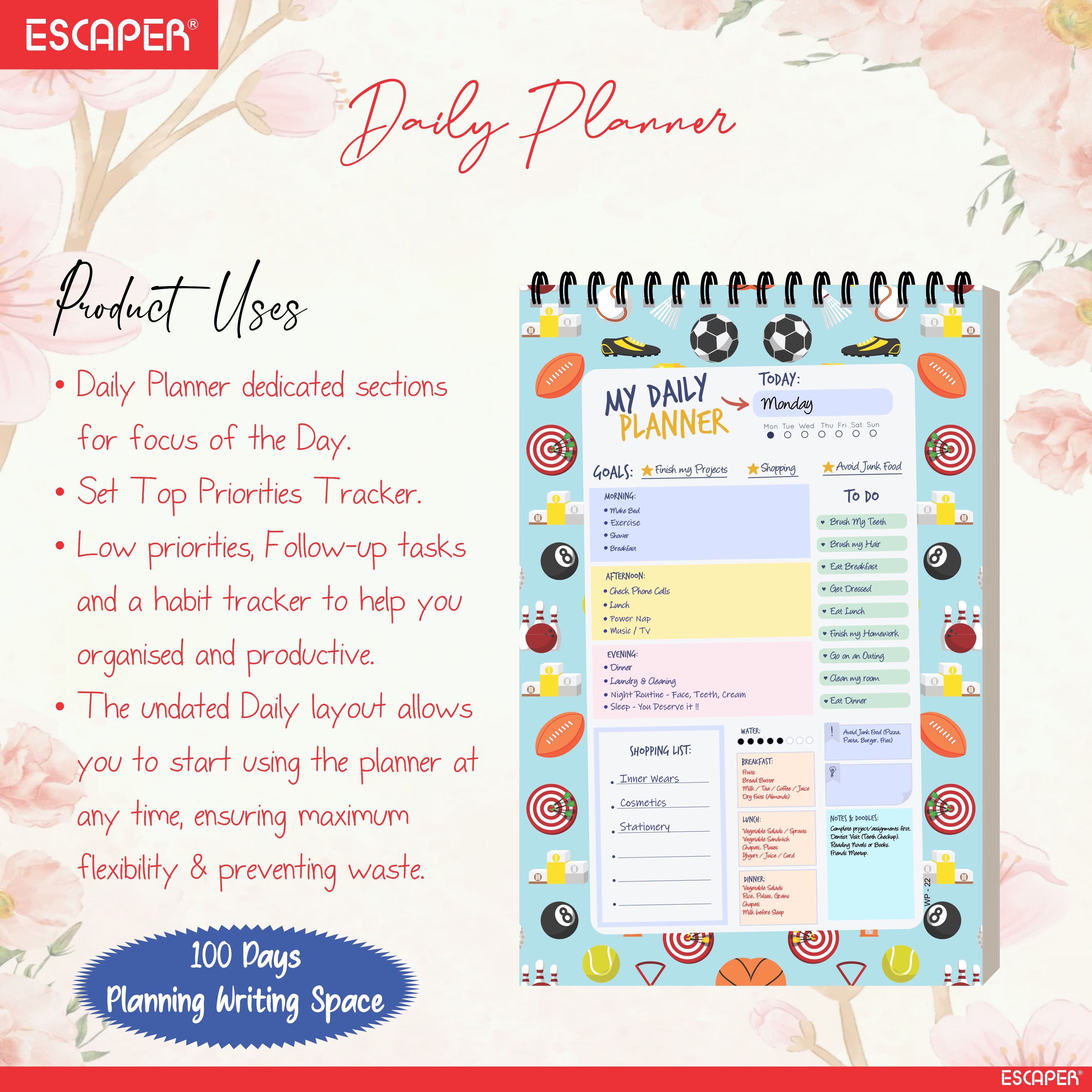 Sports Theme Daily Planner A5 – 100 Days Undated Journal with To-Do List, Priorities, Appointments & Goal Tracker | Best Gift for Sports Lovers & Students