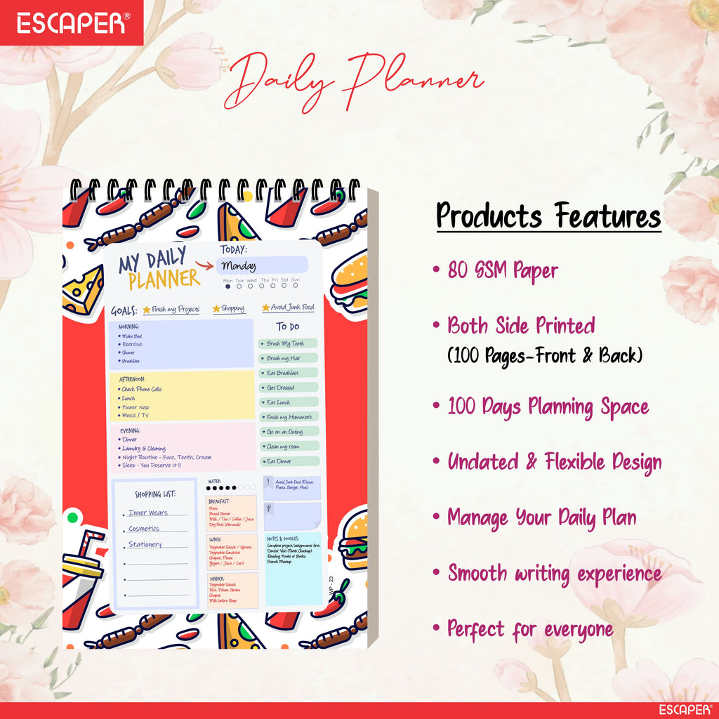 Food Theme Daily Planner A5 – 100 Days Undated Productivity Journal with To-Do List, Appointments & Goal Tracker | Cute Planner for Foodies, Students & Gifting