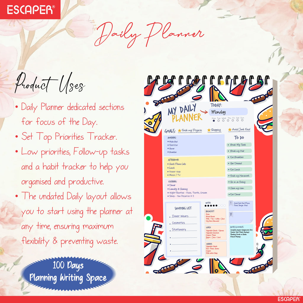 Food Theme Daily Planner A5 – 100 Days Undated Productivity Journal with To-Do List, Appointments & Goal Tracker | Cute Planner for Foodies, Students & Gifting