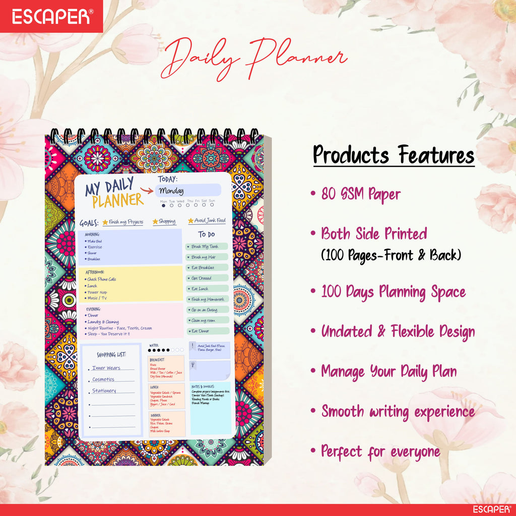 Mandala Art Daily Planner A5 – 100 Days Undated Productivity Journal with To-Do List, Goal Tracker, Appointments & Notes | Planner for Work & Study