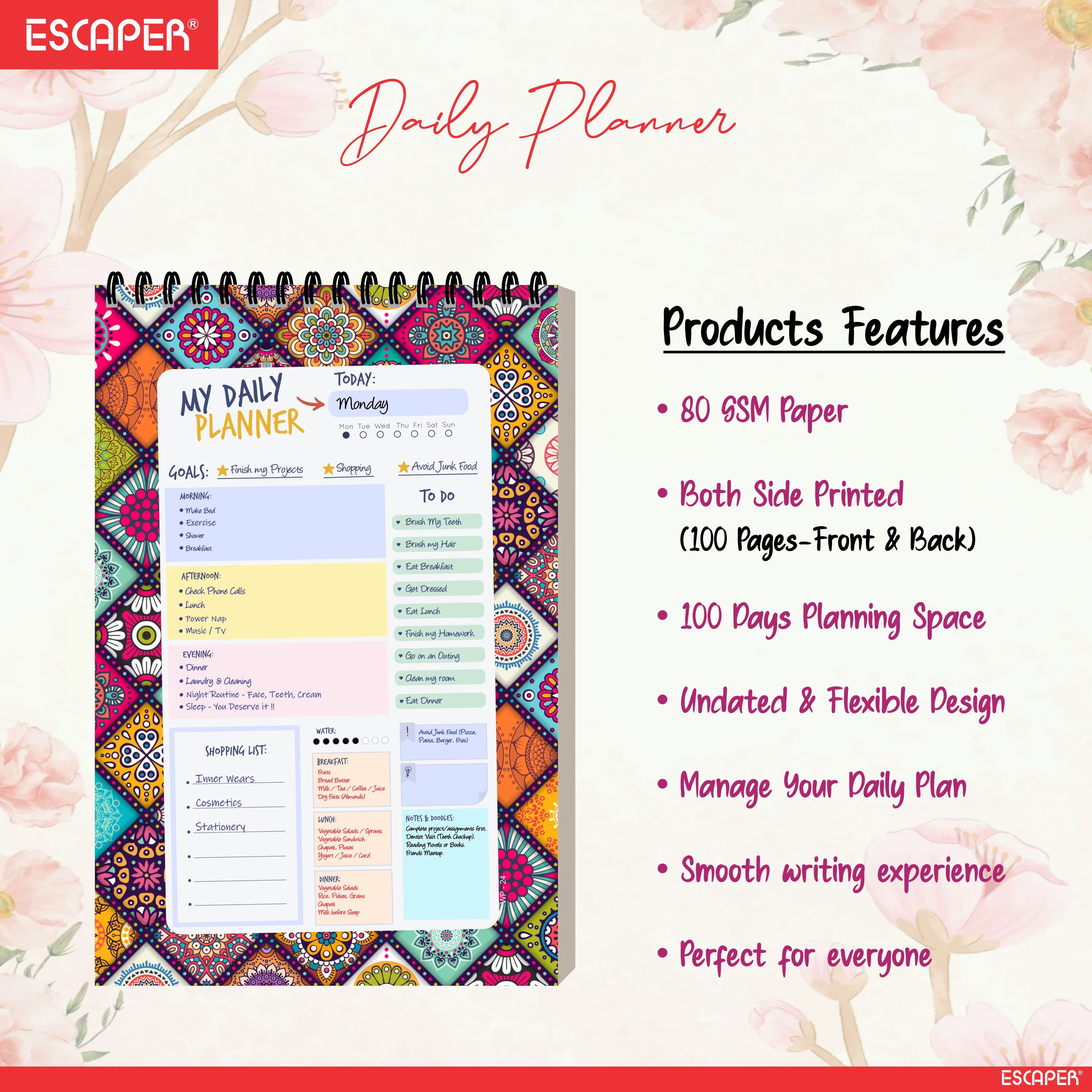 Mandala Art Daily Planner A5 – 100 Days Undated Productivity Journal with To-Do List, Goal Tracker, Appointments & Notes | Planner for Work & Study