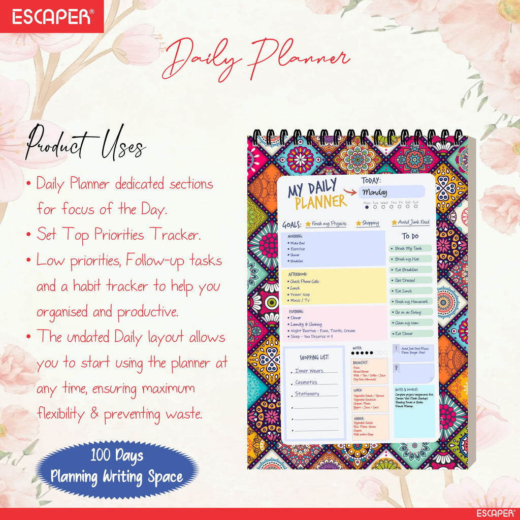 Mandala Art Daily Planner A5 – 100 Days Undated Productivity Journal with To-Do List, Goal Tracker, Appointments & Notes | Planner for Work & Study