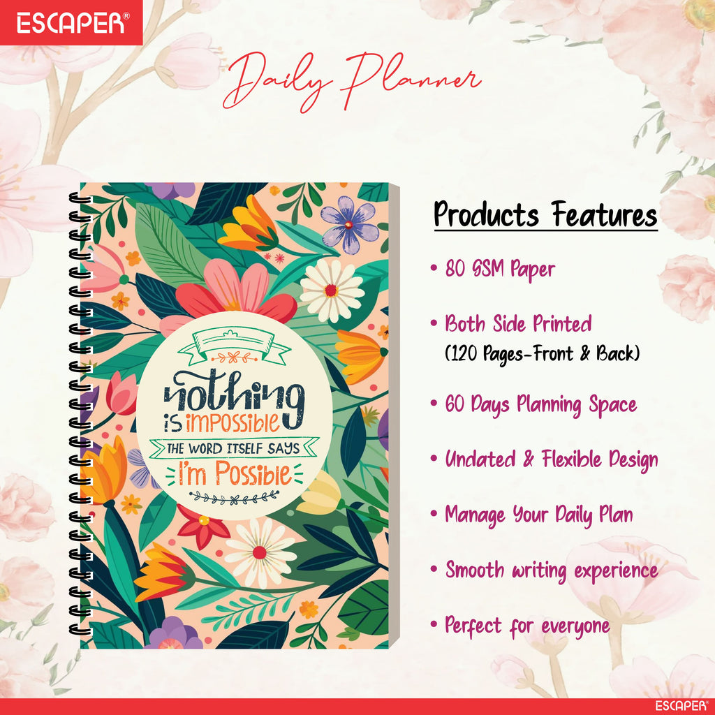 Motivational Daily Planner Diary A5 8.5x5.5 in – 60 Days Undated Journal with To-Do List, Goal Tracker, Appointments, Expense & Health Tracker for Work & Study