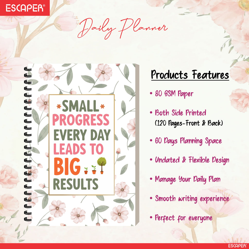 60 Day Motivational Daily Planner A5 – Undated Diary with To-Do List, Appointment Organizer, Expense & Goal Tracker, Health & Fitness Log | Work & Study Journal
