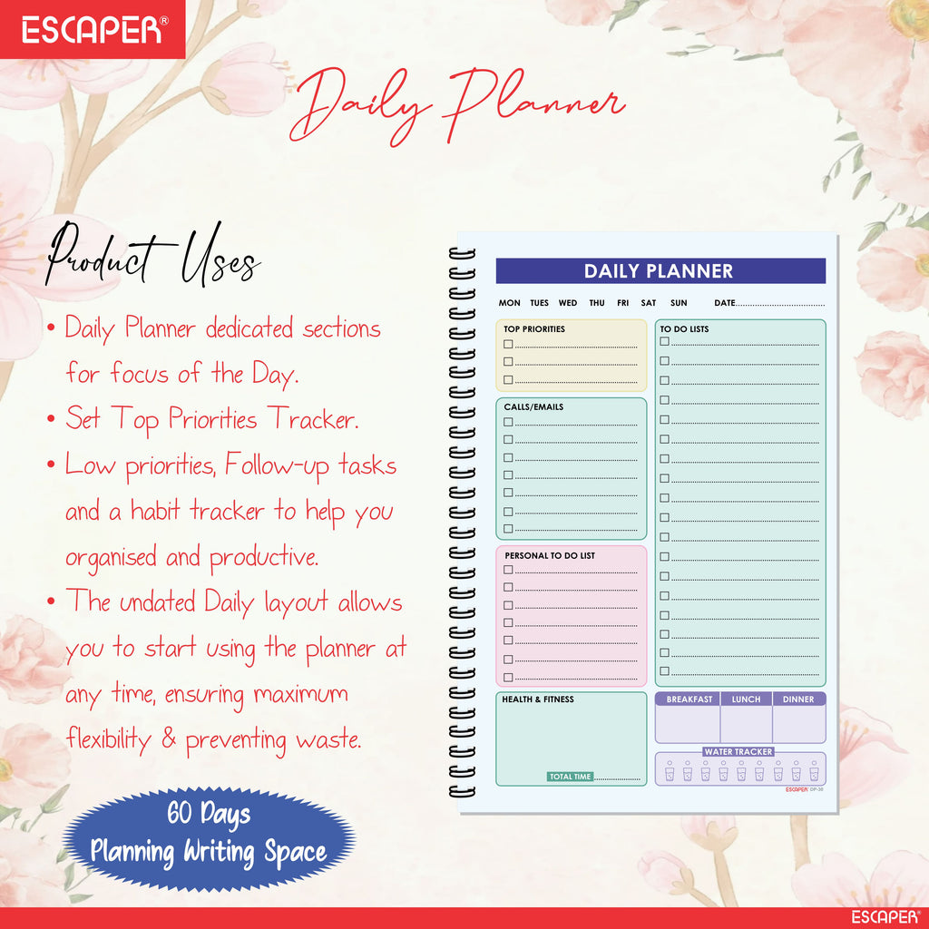 Daily Motivational Planner Diary A5 – 60 Days Undated Journal Book with Schedule Organizer, To-Do List, Goal Tracker & Health Tracker for Work & Study