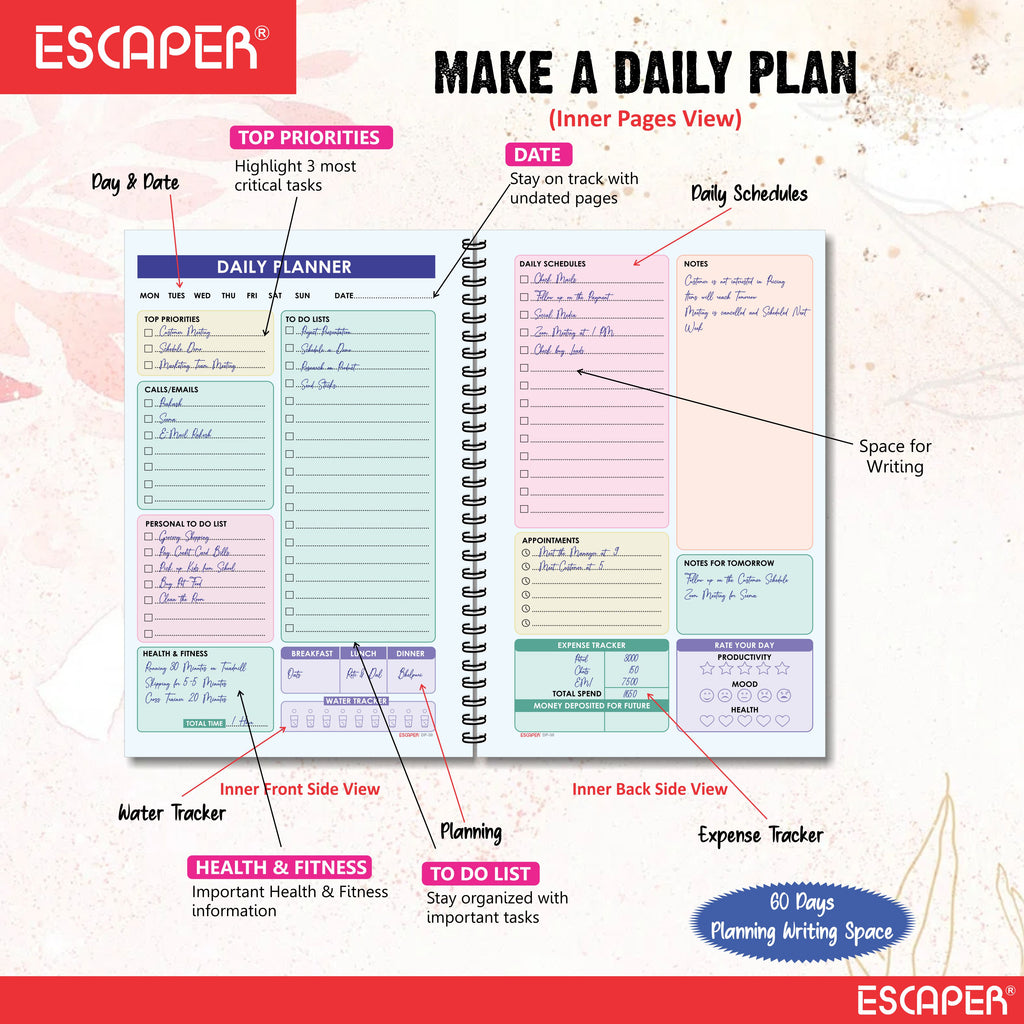 Motivational Daily Planner A5 – 60 Days Undated Journal with To-Do List, Schedule Organizer, Goal & Expense Tracker, Health & Fitness Planning | Productivity Planner