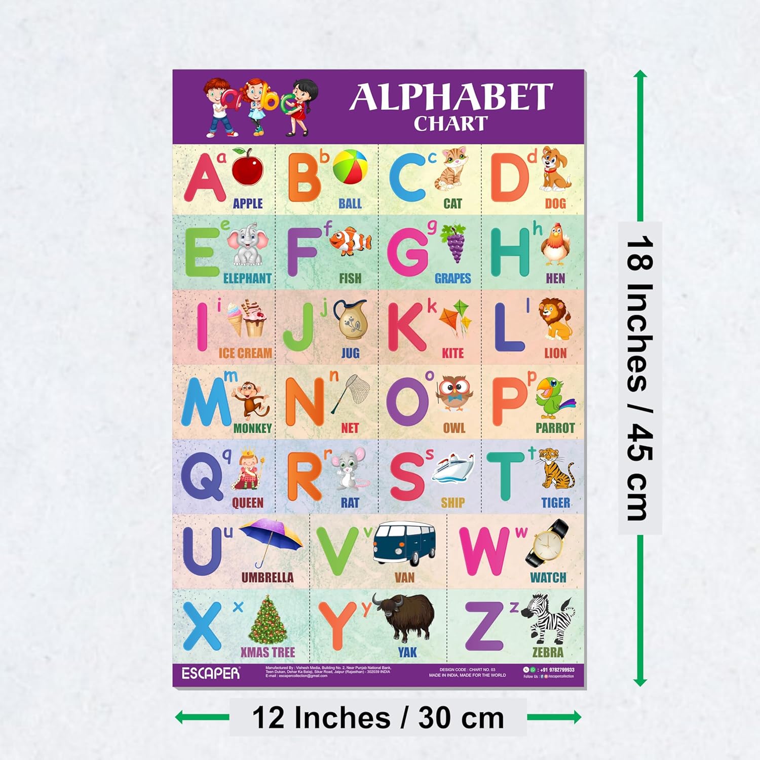 English Alphabets Educational Charts for Kids, Charts for Kids Learning (12 x 18 inch), Kids Study Material, Kids Learning Books, Educational Posters