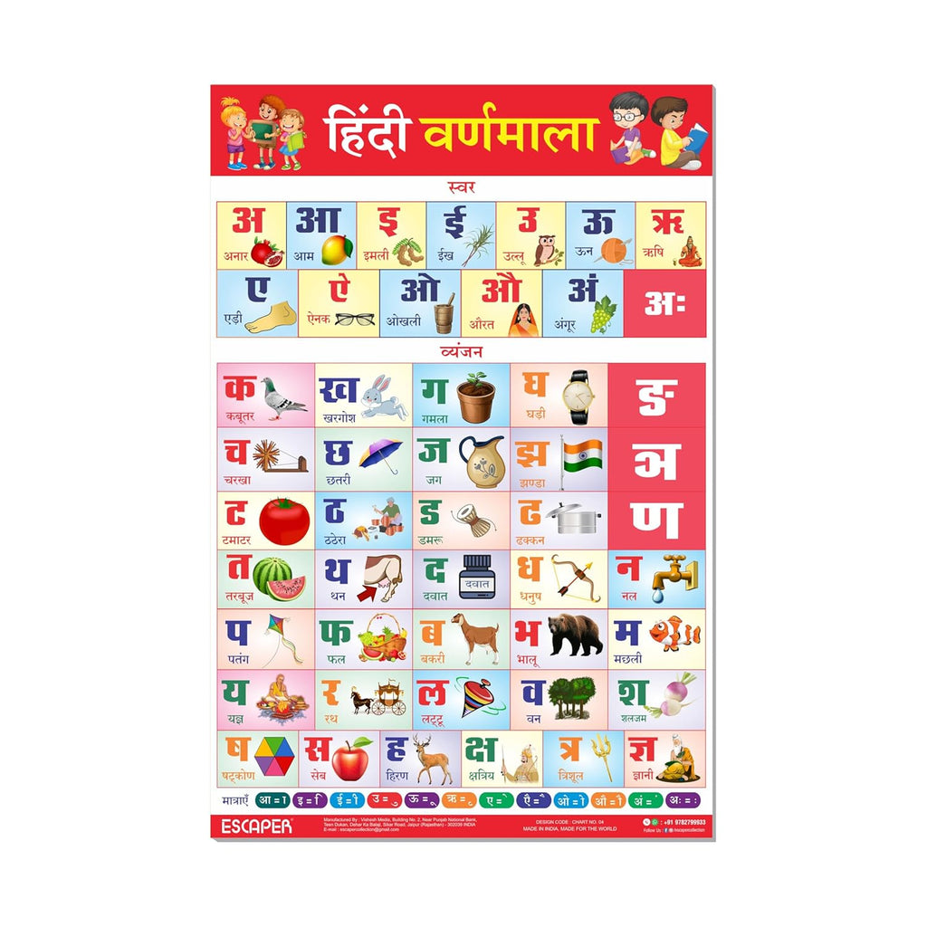 Hindi Alphabets Educational Charts for Kids, Hindi Varnamala Charts for Kids Learning (12 x 18 inch), Kids Study Material, Kids Learning Books, Educational Posters