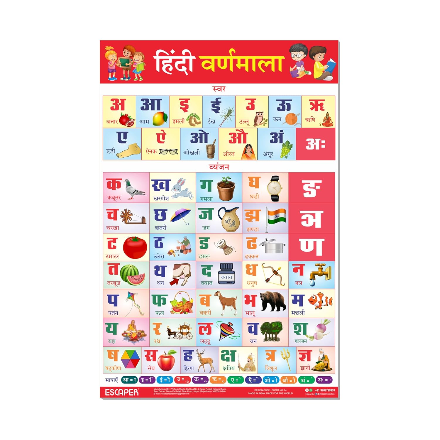 Hindi Alphabets Educational Charts for Kids, Hindi Varnamala Charts for Kids Learning (12 x 18 inch), Kids Study Material, Kids Learning Books, Educational Posters