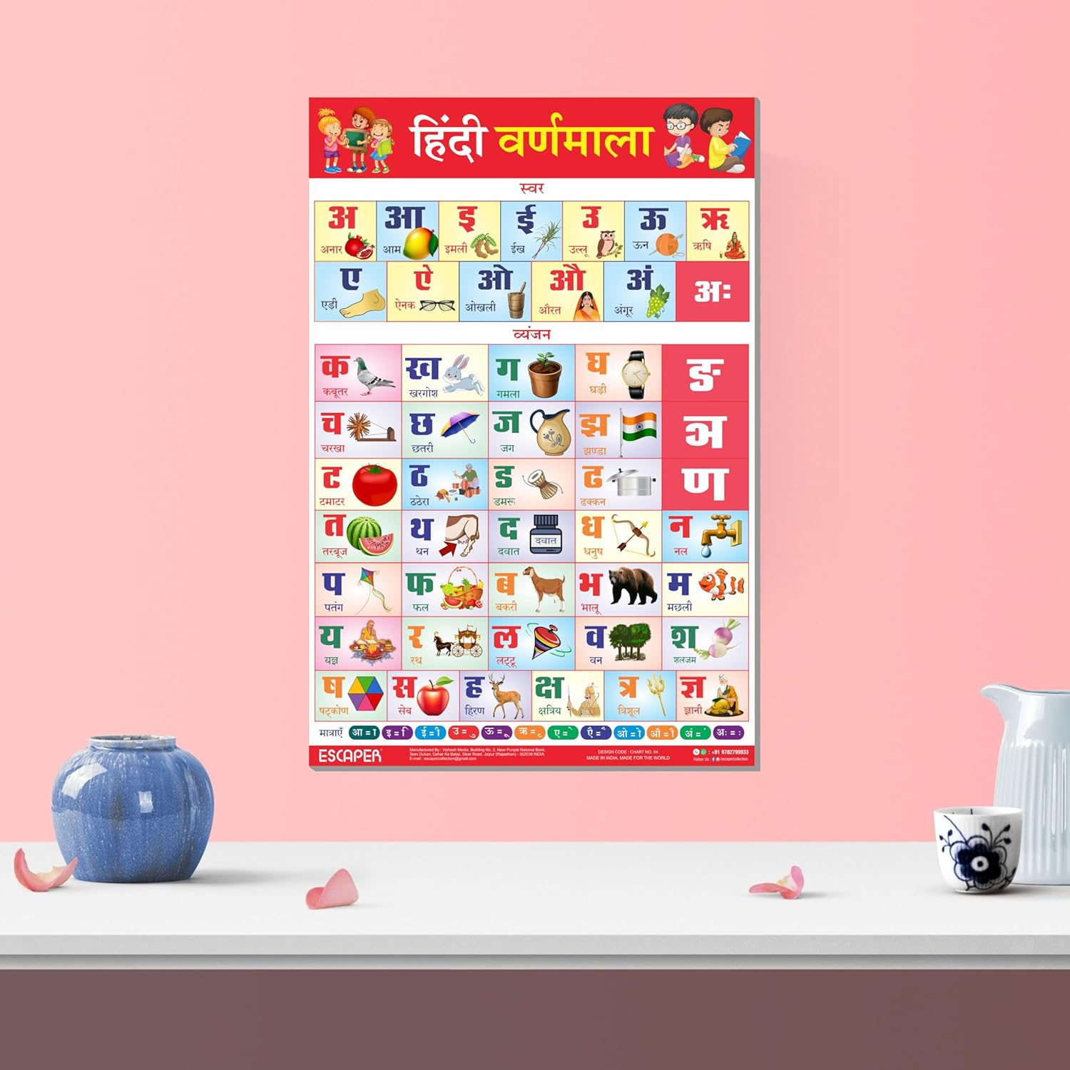 Hindi Alphabets Educational Charts for Kids, Hindi Varnamala Charts for Kids Learning (12 x 18 inch), Kids Study Material, Kids Learning Books, Educational Posters