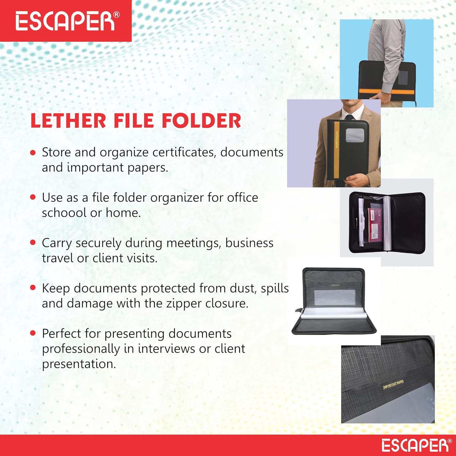 Professional File Folder for Certificates & Documents, 20 Leaf Chain Bag with Zip, Faux Leather Portfolio File Folder, Organiser for A4 Documents