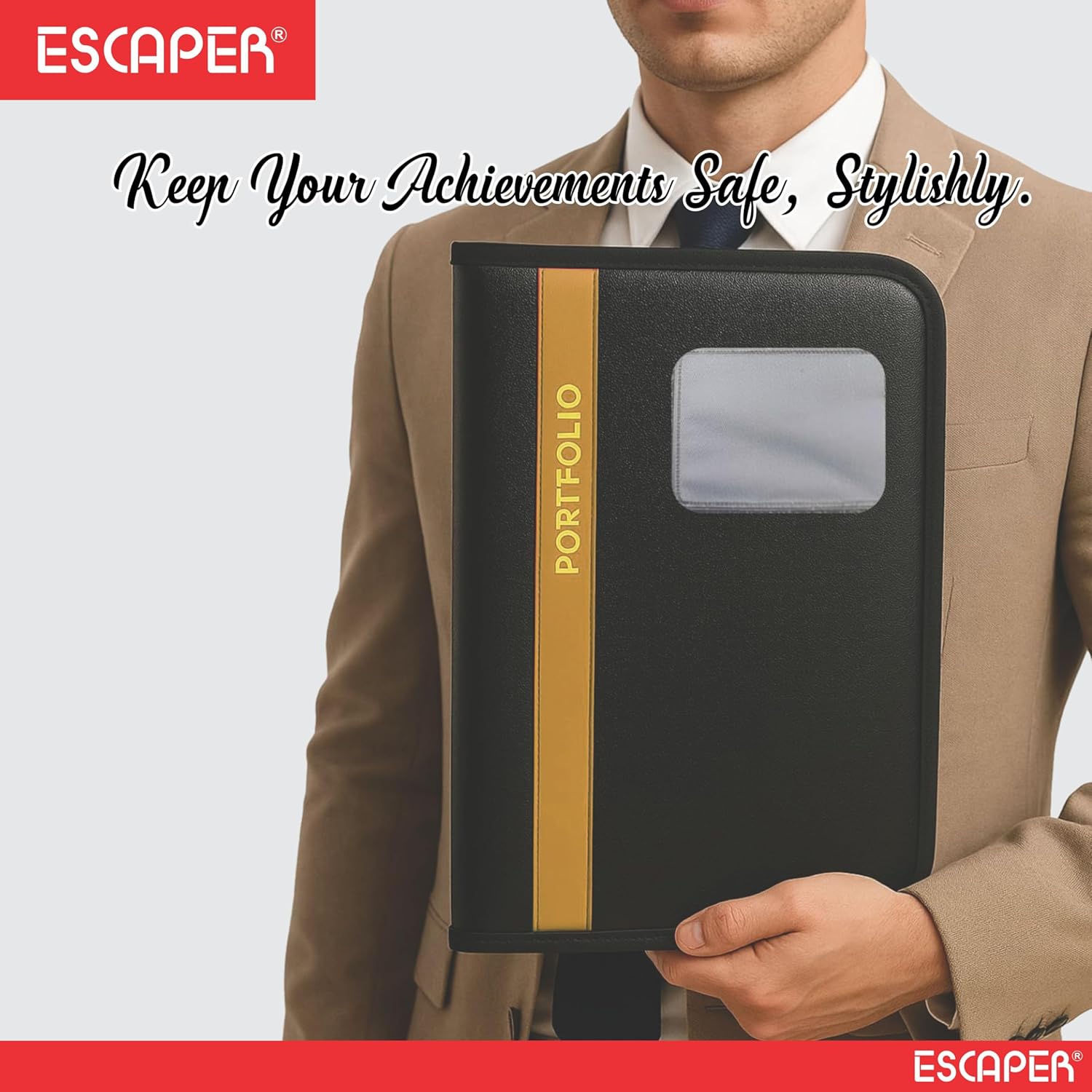 Professional File Folder for Certificates & Documents, 20 Leaf Chain Bag with Zip, Faux Leather Portfolio File Folder, Organiser for A4 Documents