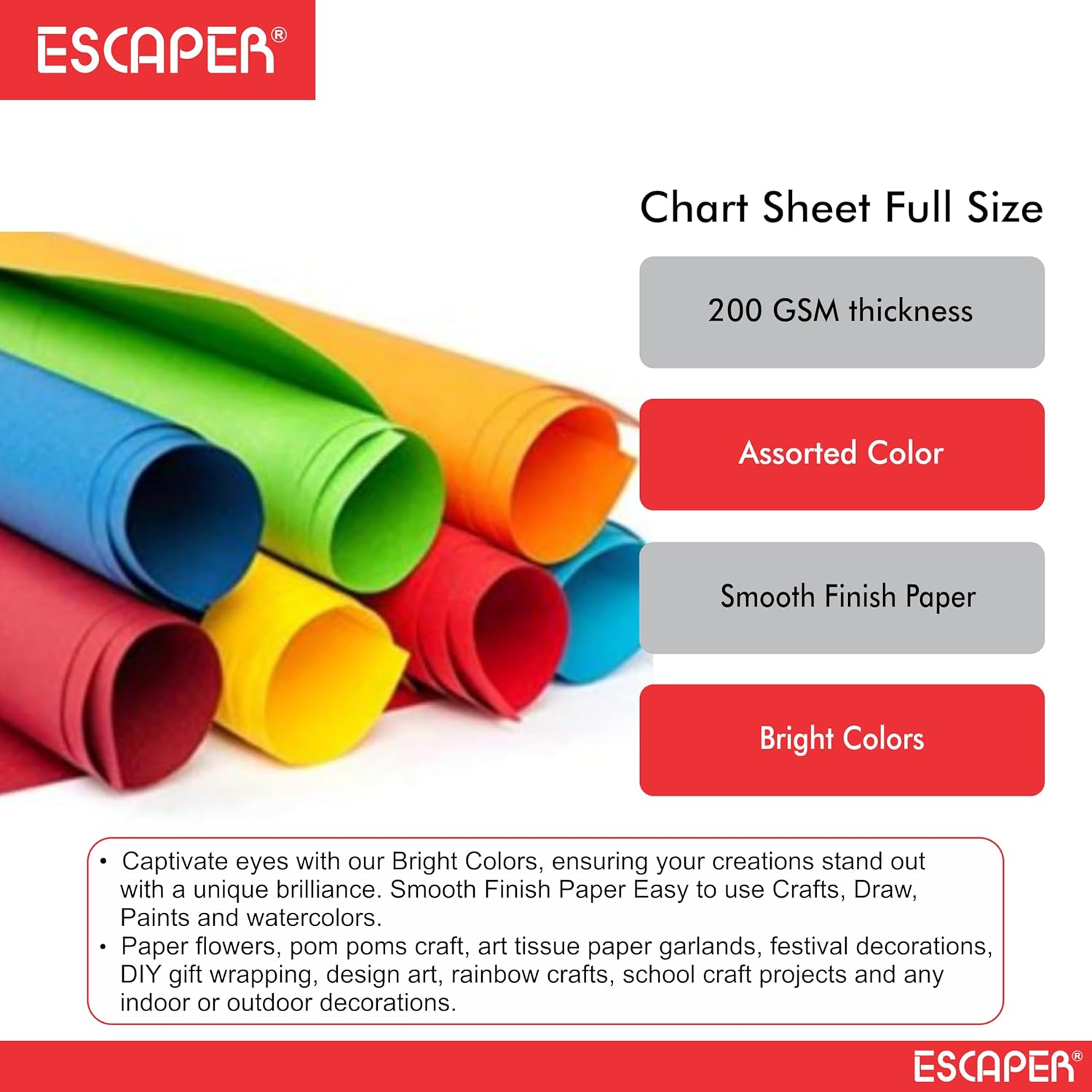 Full Size Color Chart Sheets 10 Assorted Color Sheets (70 x 56 cm) 200 GSM Thick Paper for Craft, School Projects, Posters, DIY Art and Decorations Unruled Smooth Finish