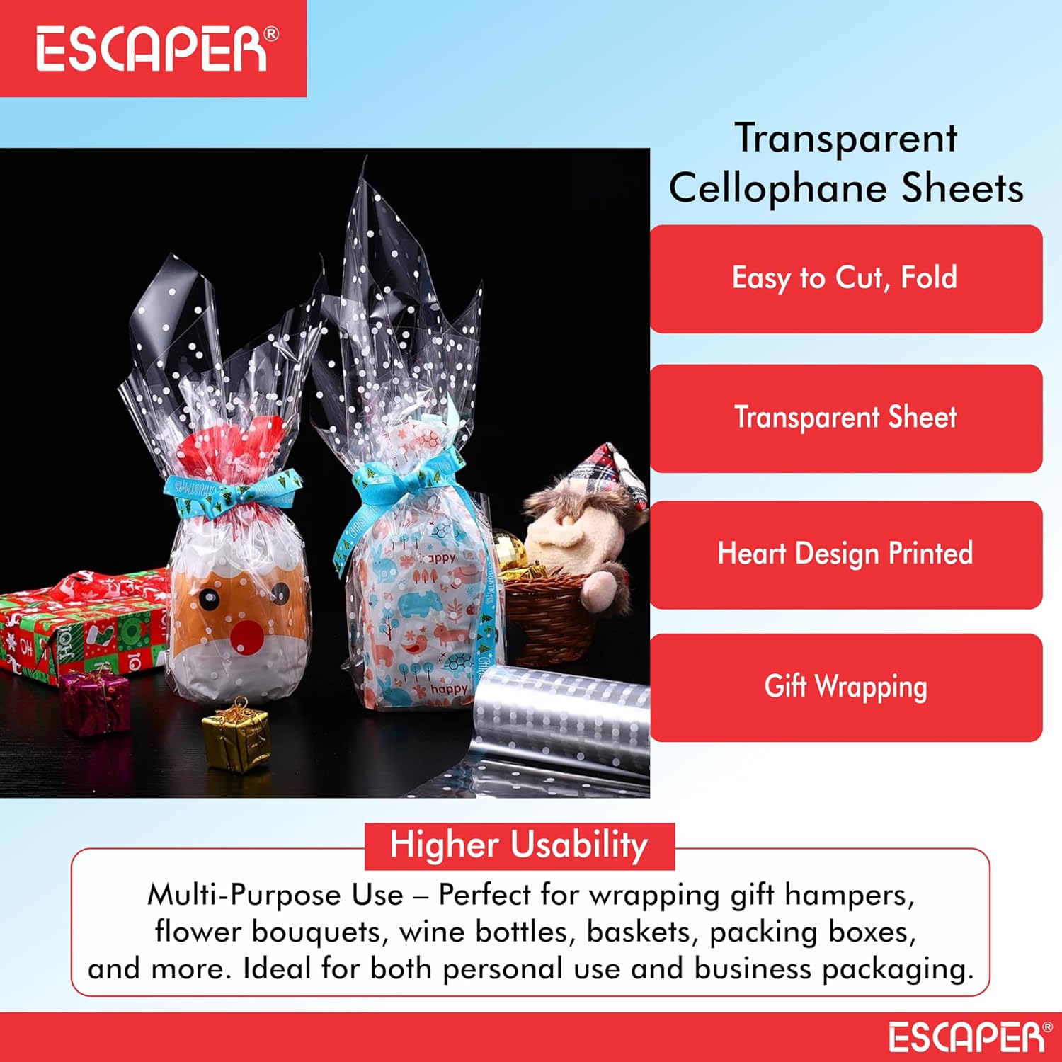 Gift Wrapping Sheet, Multipurpose Plastic Heart Design Transparent Cellophane Sheets (26 x 19 Inch) For Gift Packing, Baskets Hampers, Flowers Bunch Wrapping Gift Wrapper, Crafts, Festivals