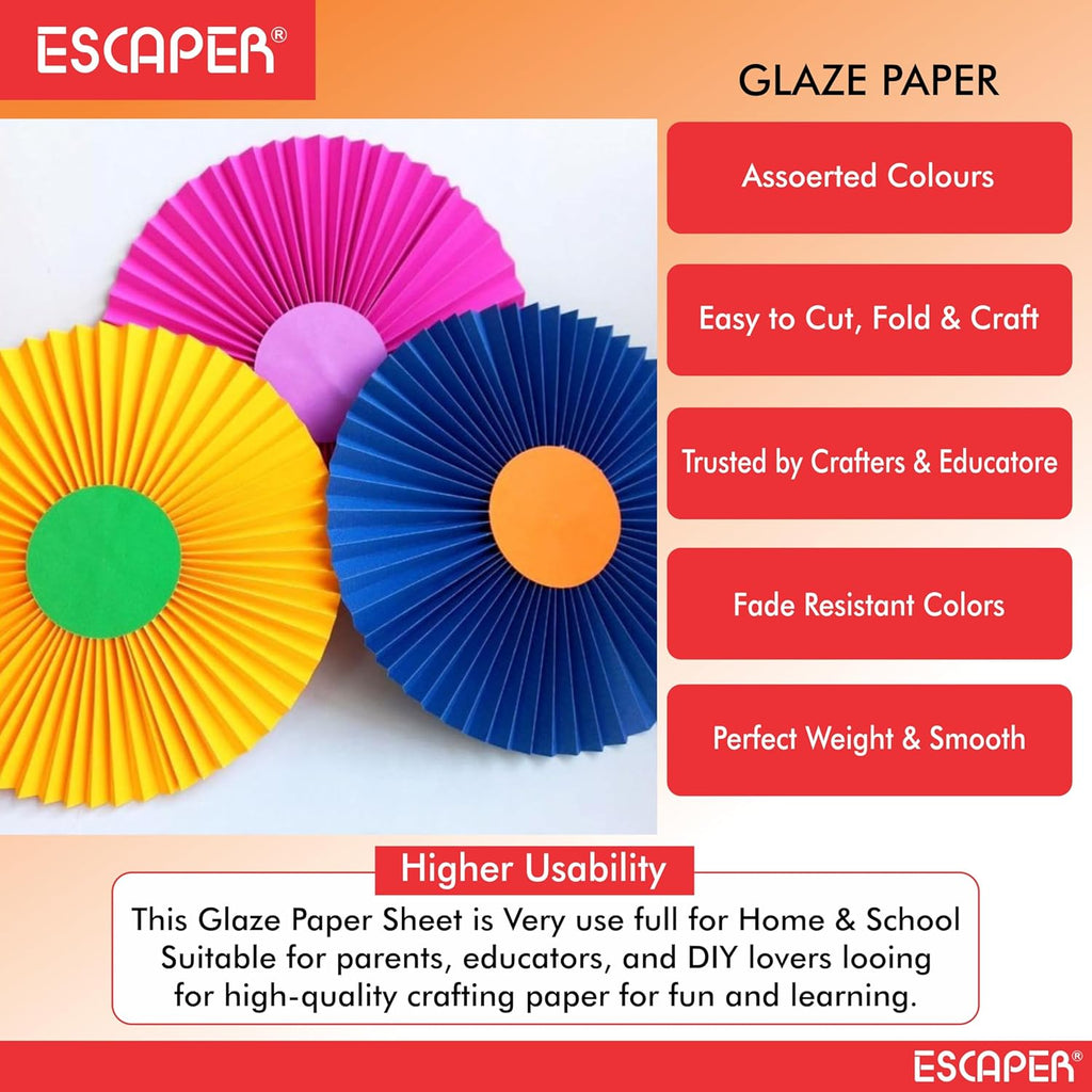 Glaze Paper Sheets (48 x 67 cm - 70 GSM), Assorted Vibrant Colors, Art & Craft Paper for Kids, Poster Making, Card Designing, DIY School Projects, Scrapbooking & Decoration