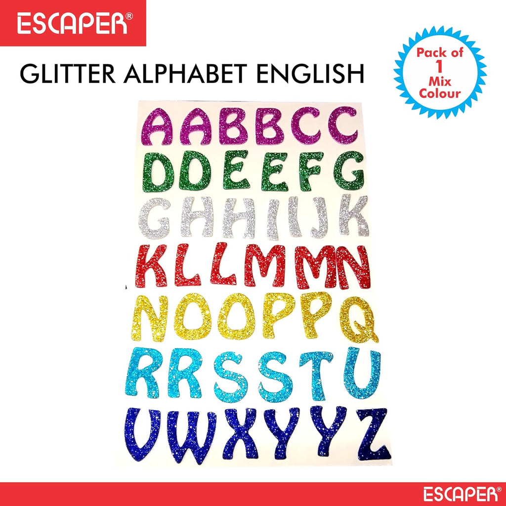 Assorted Glitter Foam English Alphabet, (8x12 Inch Sheet) Self Adhesive ABCD Letters, Alphabets For Kids Learning & DIY Decoration