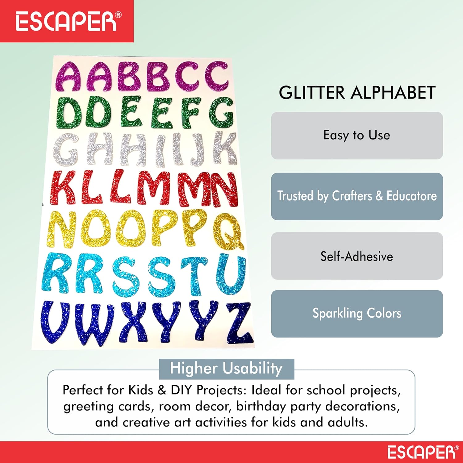 Assorted Glitter Foam English Alphabet, (8x12 Inch Sheet) Self Adhesive ABCD Letters, Alphabets For Kids Learning & DIY Decoration