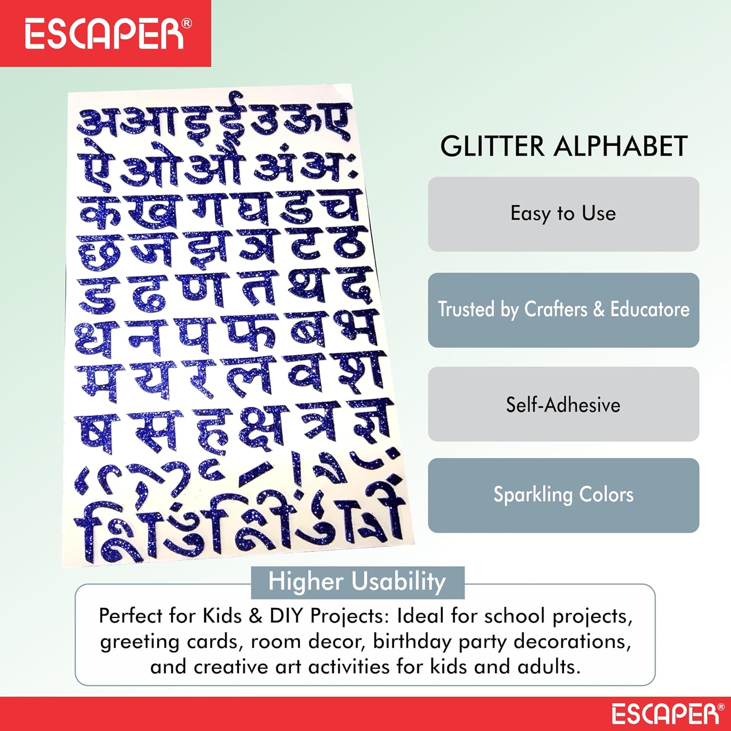 Assorted Glitter Foam Hindi Alphabet, (8x12 Inch Sheet) Self Adhesive Hiindi Letters, Alphabets For Kids Learning & DIY Decoration