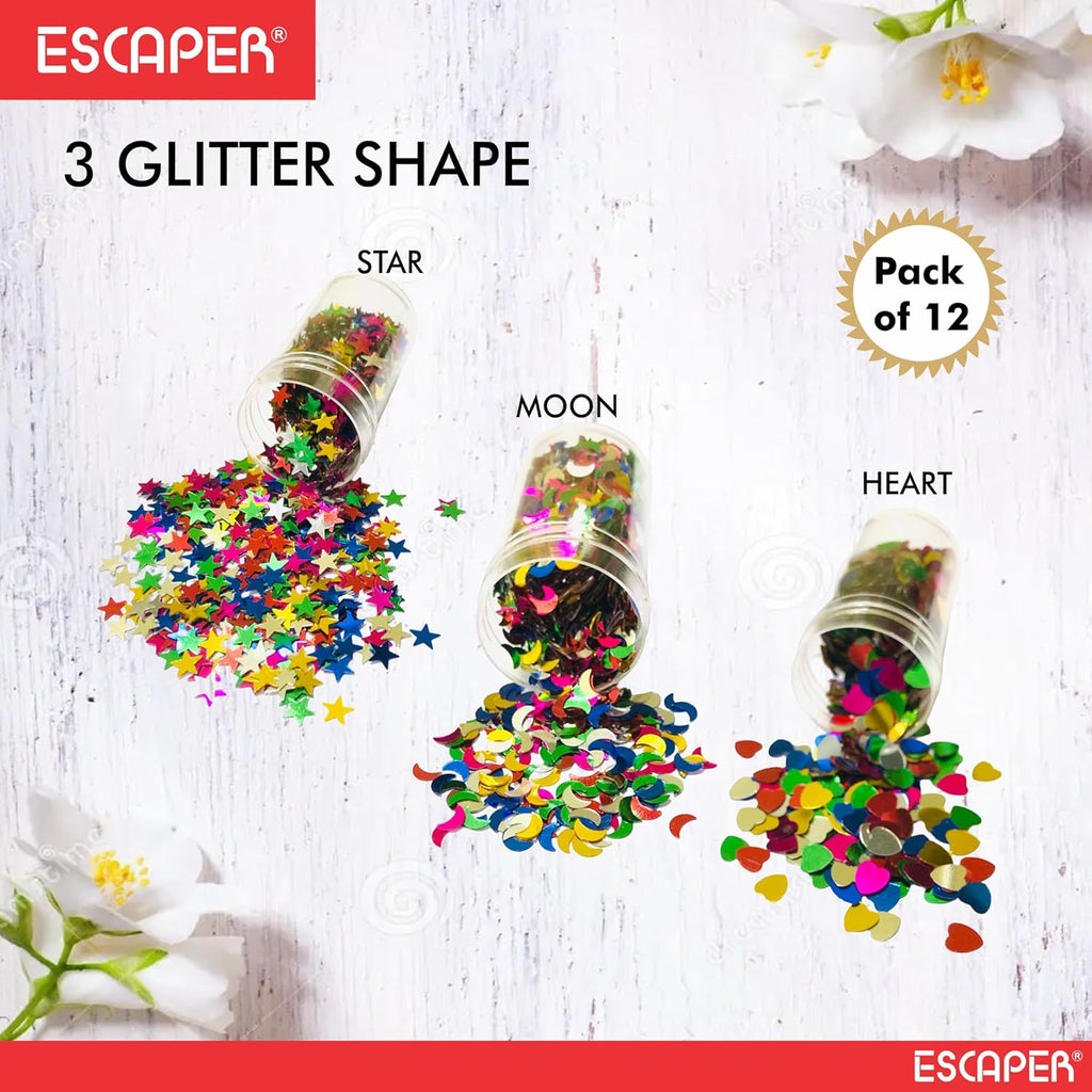 Holographic Glitter Shapes, (Pack of 12) Different Shapes Festival Craft Glitter for Art and Craft, Decorations, School