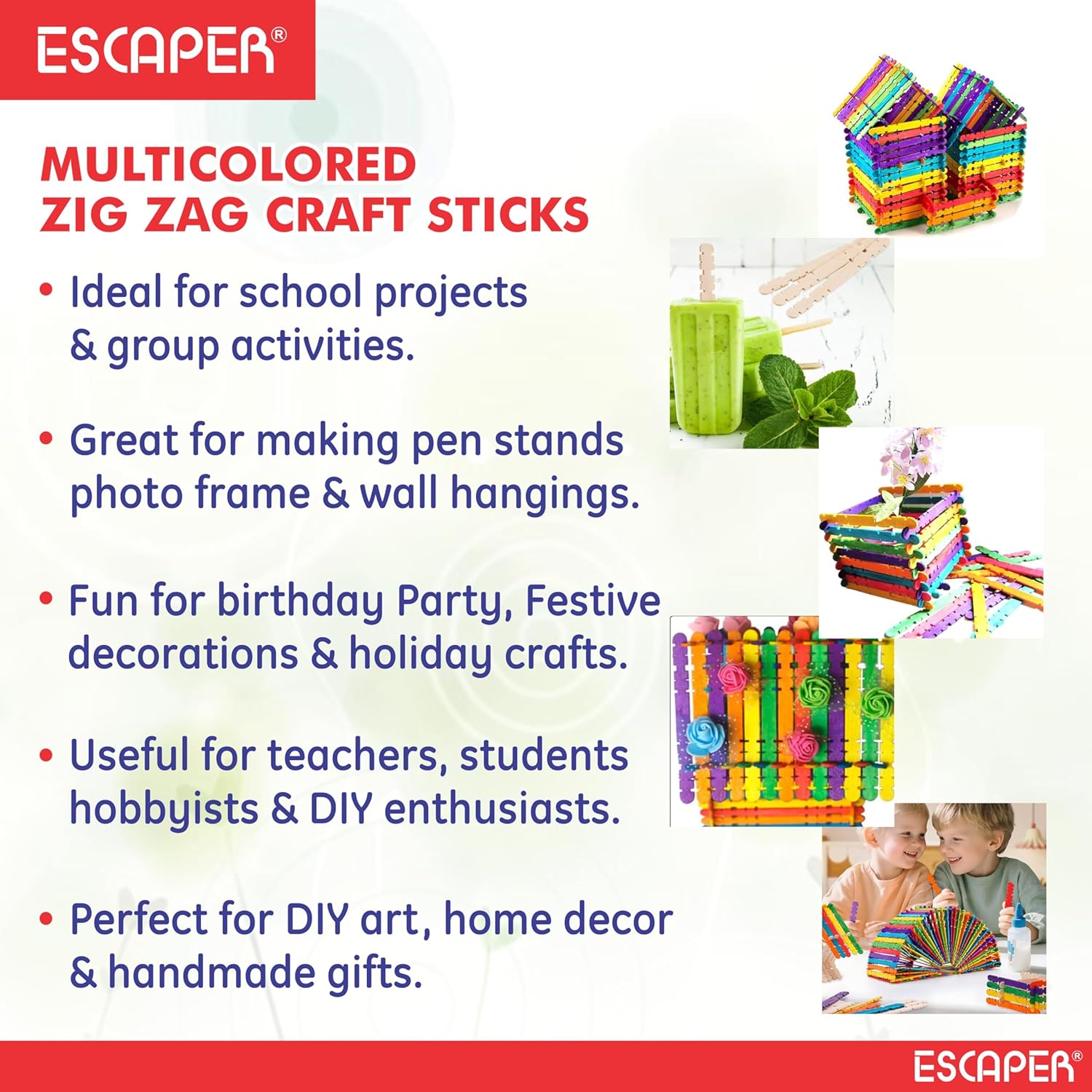 Zig Zag Ice Cream Sticks for Craft Work, (Pack OF 100) Colorful & Plain Wooden Popsicle Ice Cream Sticks for Kids DIY Art, School Projects, Birthday Activities & Handmade Decorations
