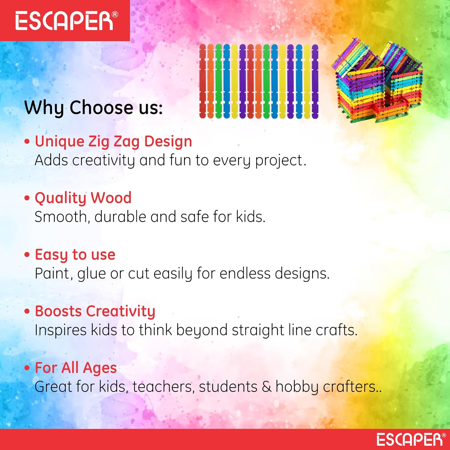 Zig Zag Ice Cream Sticks for Craft Work, (Pack OF 100) Colorful & Plain Wooden Popsicle Ice Cream Sticks for Kids DIY Art, School Projects, Birthday Activities & Handmade Decorations
