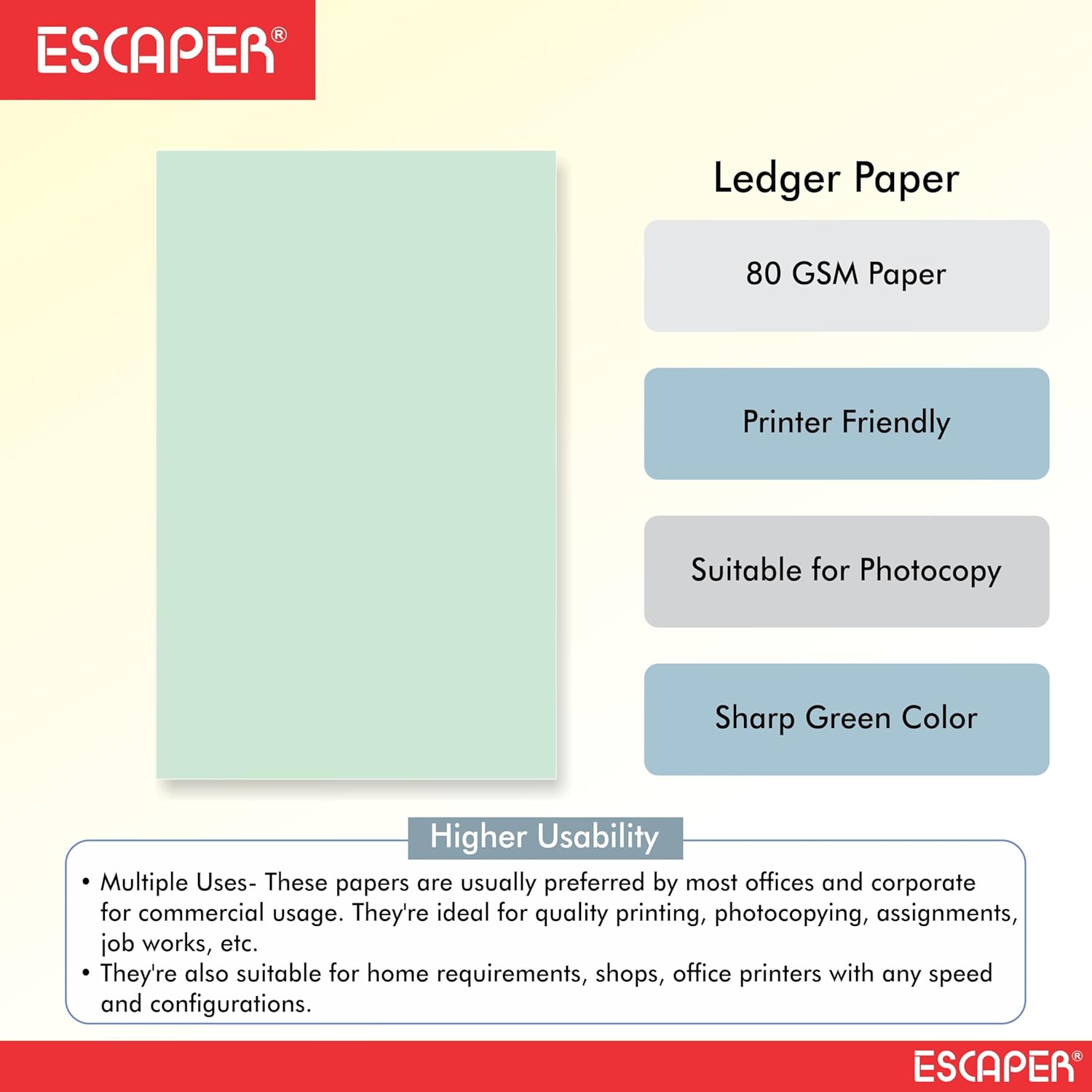 Green Ledger Paper Legal Size (14x8.5 Inch, 80 GSM), Unruled Smooth Sheets, Wrinkle Resistant, Double Side Printable, Office & Legal Use