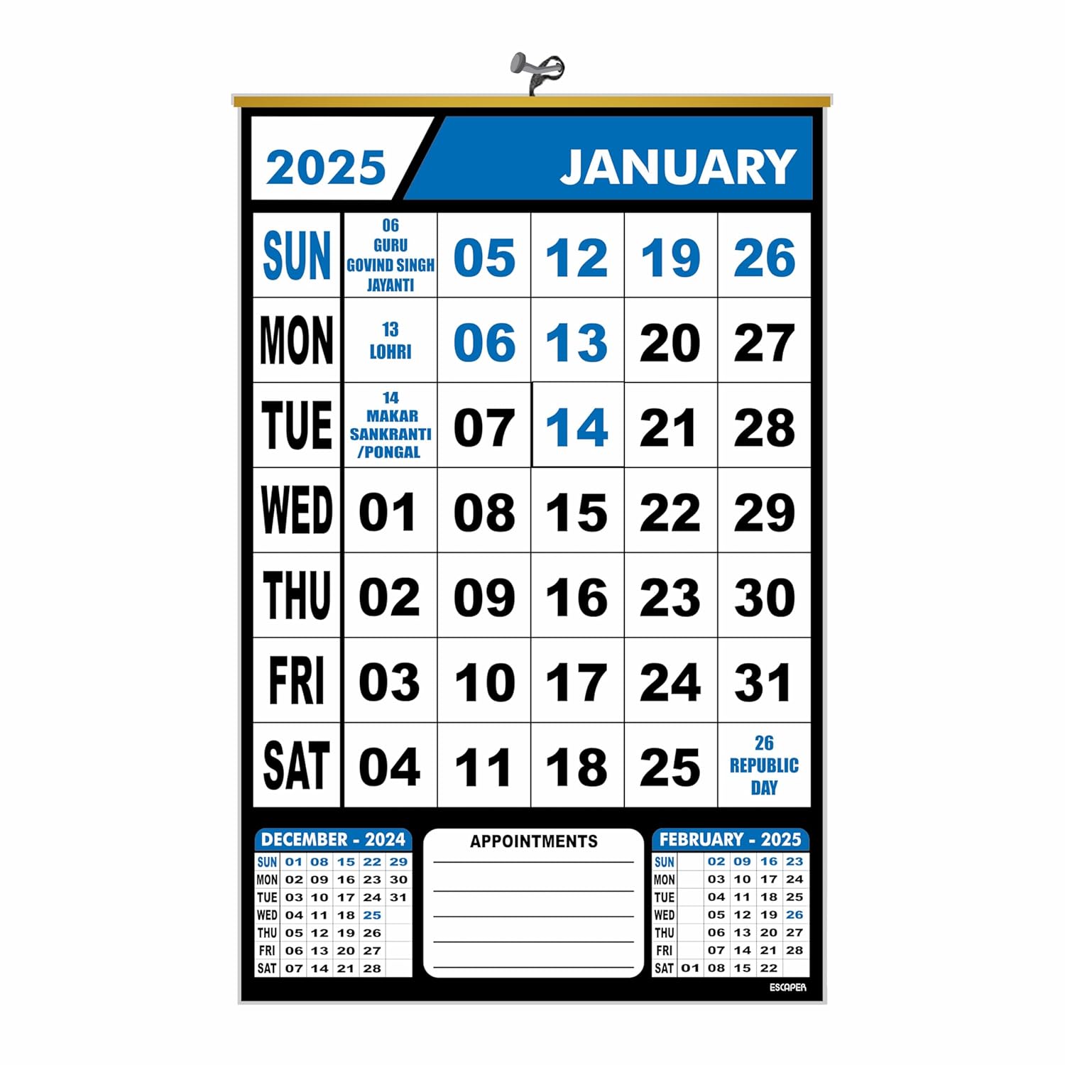 Wall Calendar Hanging for Home & Office Use, Office Wall Calendar 2025 Hanging, Home Wall Calendar Hanging, Indian Holidays Mentioned, Appointment Planning