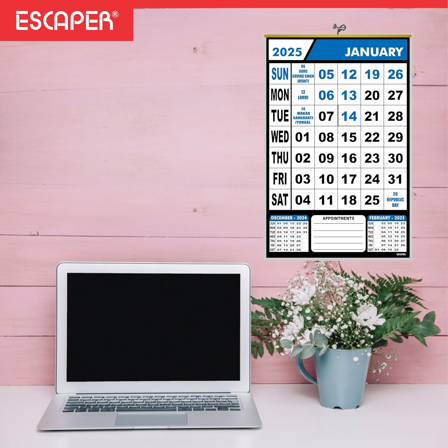Wall Calendar Hanging for Home & Office Use, Office Wall Calendar 2025 Hanging, Home Wall Calendar Hanging, Indian Holidays Mentioned, Appointment Planning