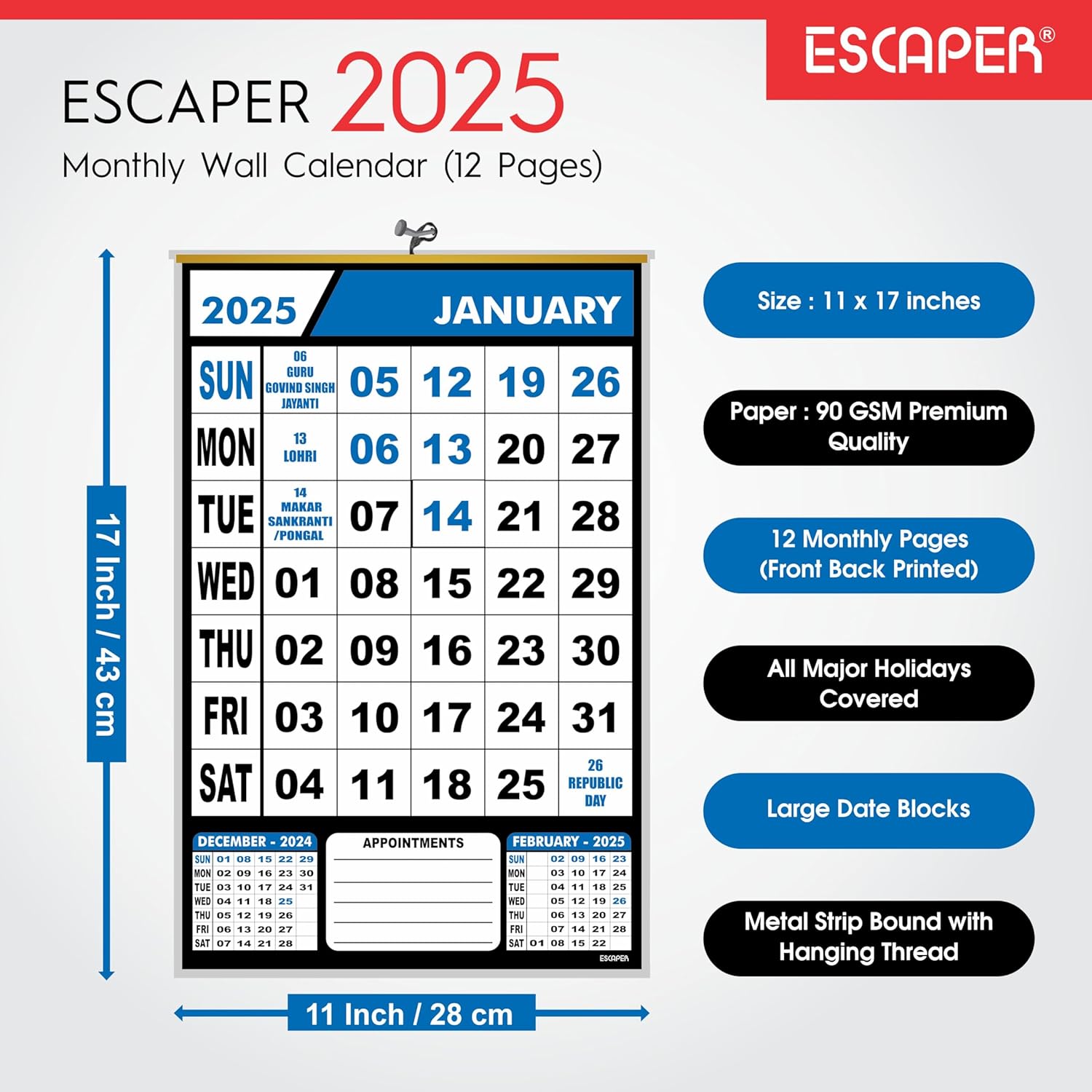 Wall Calendar Hanging for Home & Office Use, Office Wall Calendar 2025 Hanging, Home Wall Calendar Hanging, Indian Holidays Mentioned, Appointment Planning
