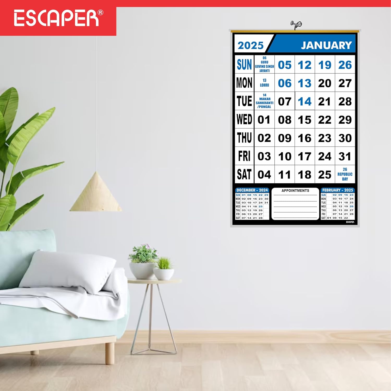 Wall Calendar Hanging for Home & Office Use, Office Wall Calendar 2025 Hanging, Home Wall Calendar Hanging, Indian Holidays Mentioned, Appointment Planning