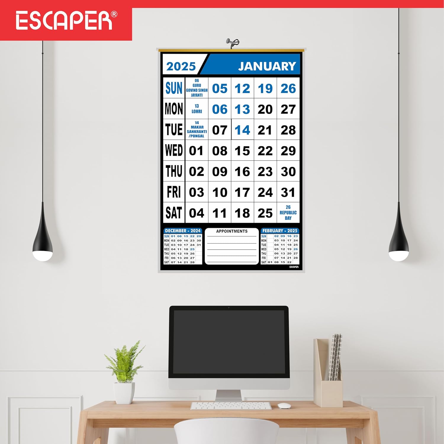 Wall Calendar Hanging for Home & Office Use, Office Wall Calendar 2025 Hanging, Home Wall Calendar Hanging, Indian Holidays Mentioned, Appointment Planning