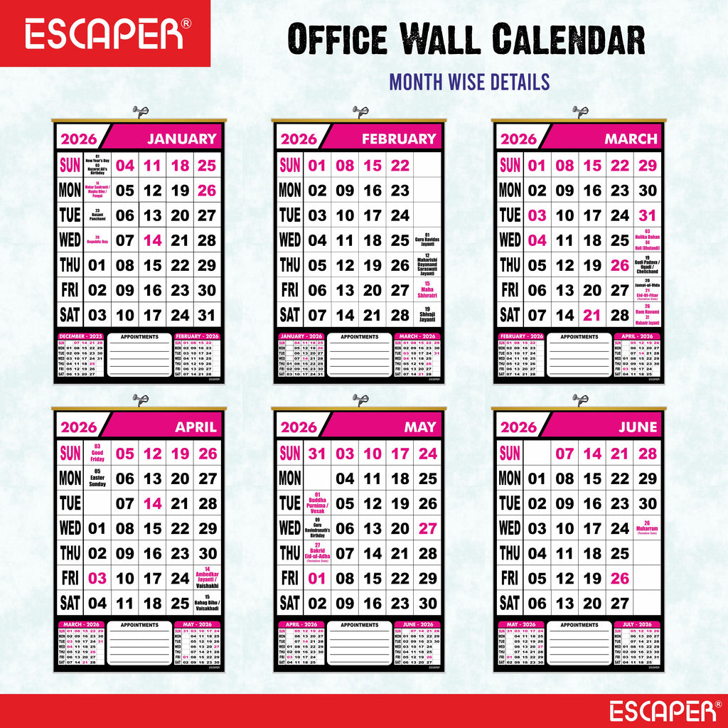 Pink Theme 2026 Wall Calendar Hanging for Home & Office, Large Office Wall Calendar 2026 with Indian Holidays, Appointment Planner, Durable 100 GSM Paper, Easy-to-Hang Design