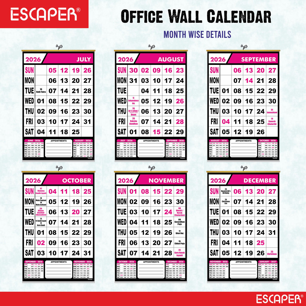 Pink Theme 2026 Wall Calendar Hanging for Home & Office, Large Office Wall Calendar 2026 with Indian Holidays, Appointment Planner, Durable 100 GSM Paper, Easy-to-Hang Design