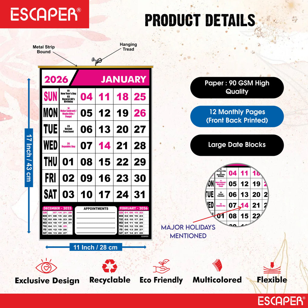 Pink Theme 2026 Wall Calendar Hanging for Home & Office, Large Office Wall Calendar 2026 with Indian Holidays, Appointment Planner, Durable 100 GSM Paper, Easy-to-Hang Design