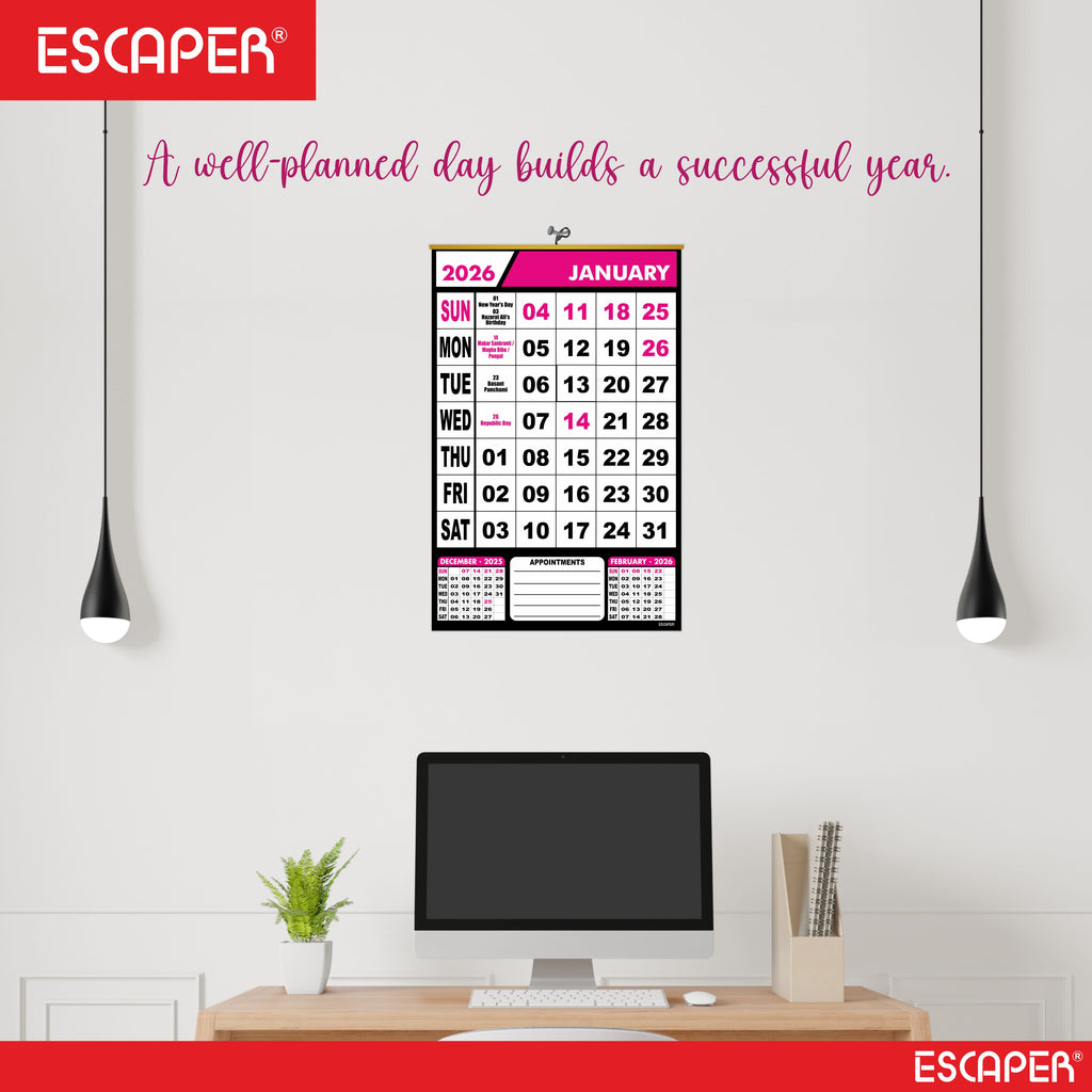 Pink Theme 2026 Wall Calendar Hanging for Home & Office, Large Office Wall Calendar 2026 with Indian Holidays, Appointment Planner, Durable 100 GSM Paper, Easy-to-Hang Design