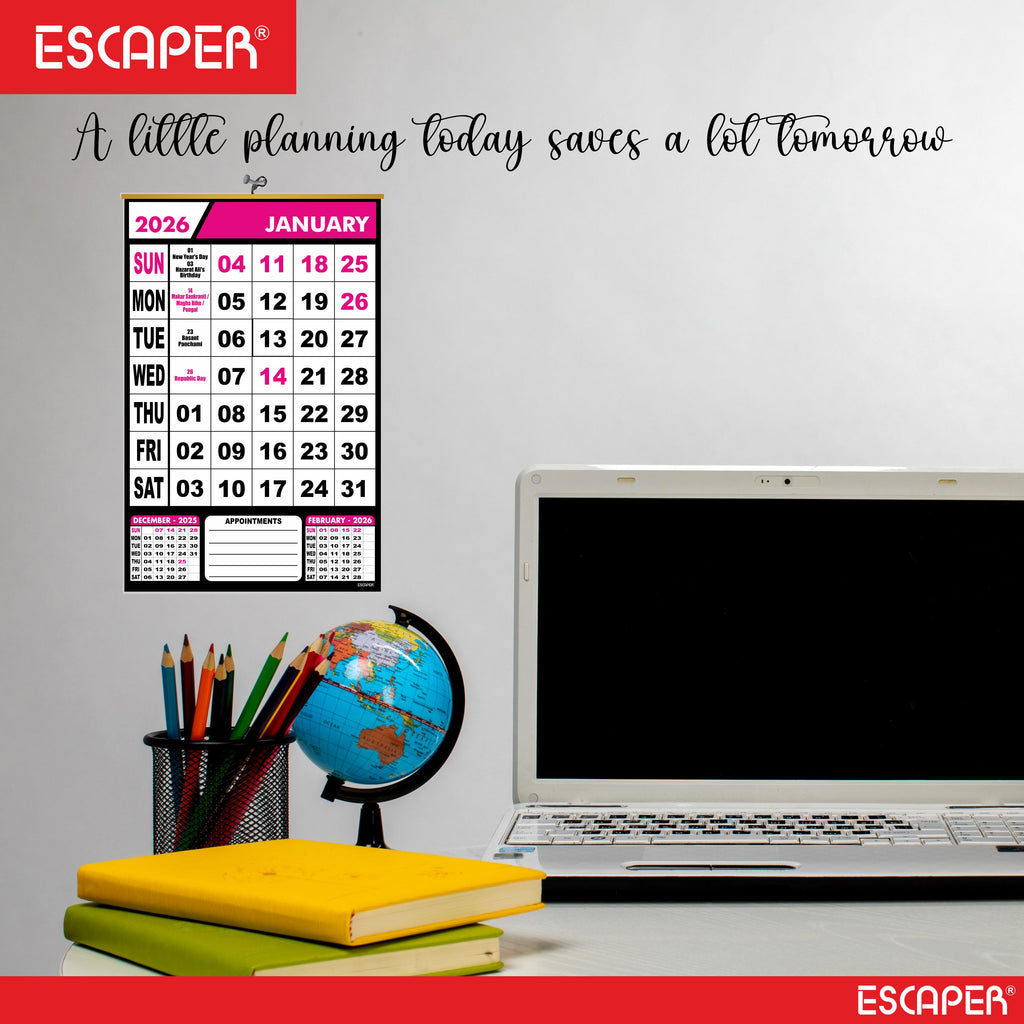 Pink Theme 2026 Wall Calendar Hanging for Home & Office, Large Office Wall Calendar 2026 with Indian Holidays, Appointment Planner, Durable 100 GSM Paper, Easy-to-Hang Design