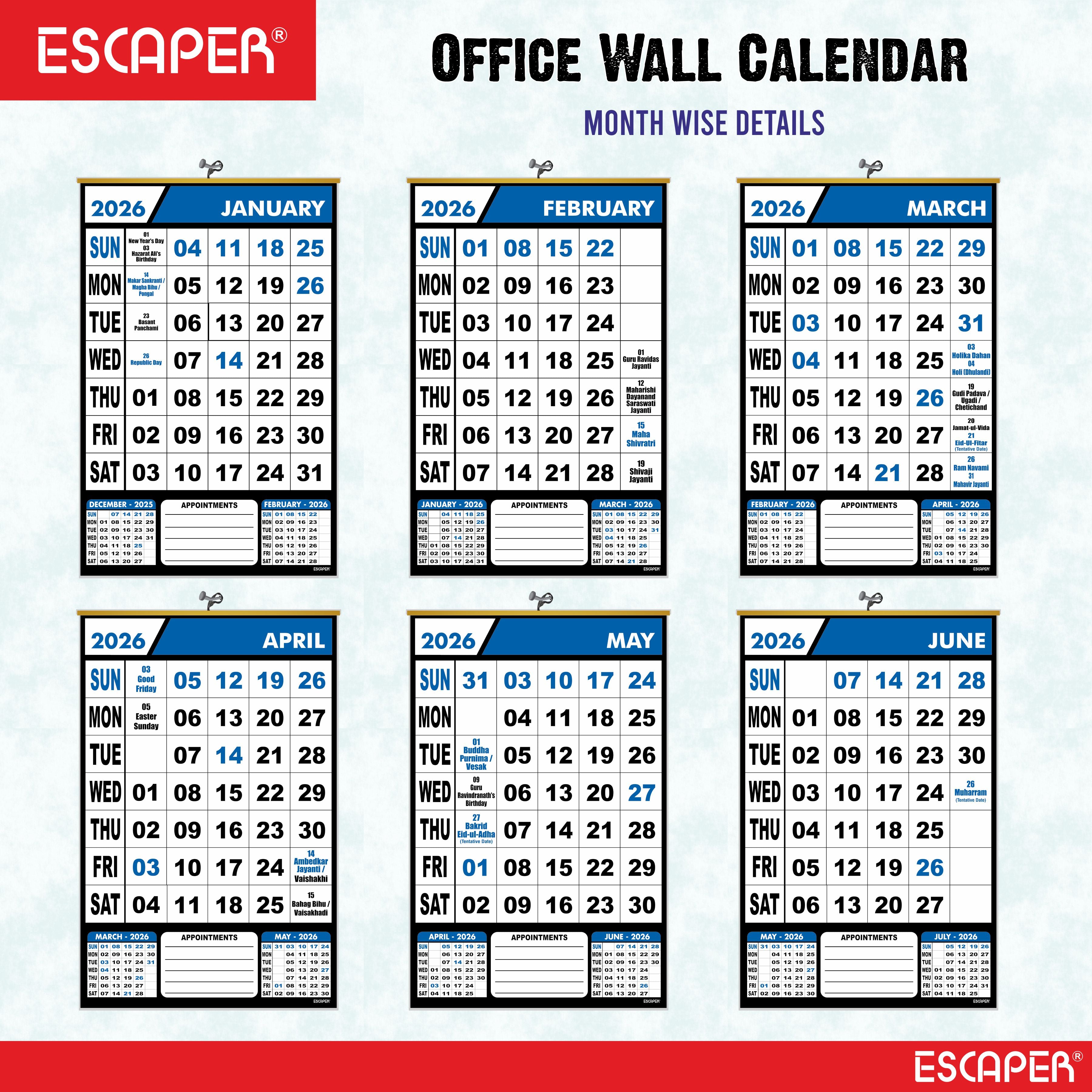 Wall Calendar Hanging for Home & Office Use, Office Wall Calendar 2026 Hanging, Home Wall Calendar Hanging, Indian Holidays Mentioned, Appointment Planning