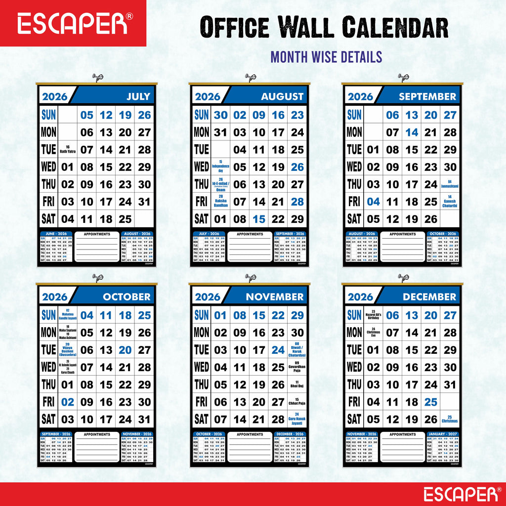 Wall Calendar Hanging for Home & Office Use, Office Wall Calendar 2026 Hanging, Home Wall Calendar Hanging, Indian Holidays Mentioned, Appointment Planning
