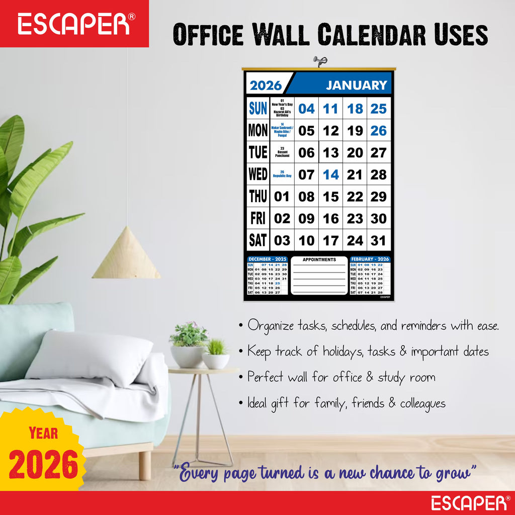 Wall Calendar Hanging for Home & Office Use, Office Wall Calendar 2026 Hanging, Home Wall Calendar Hanging, Indian Holidays Mentioned, Appointment Planning