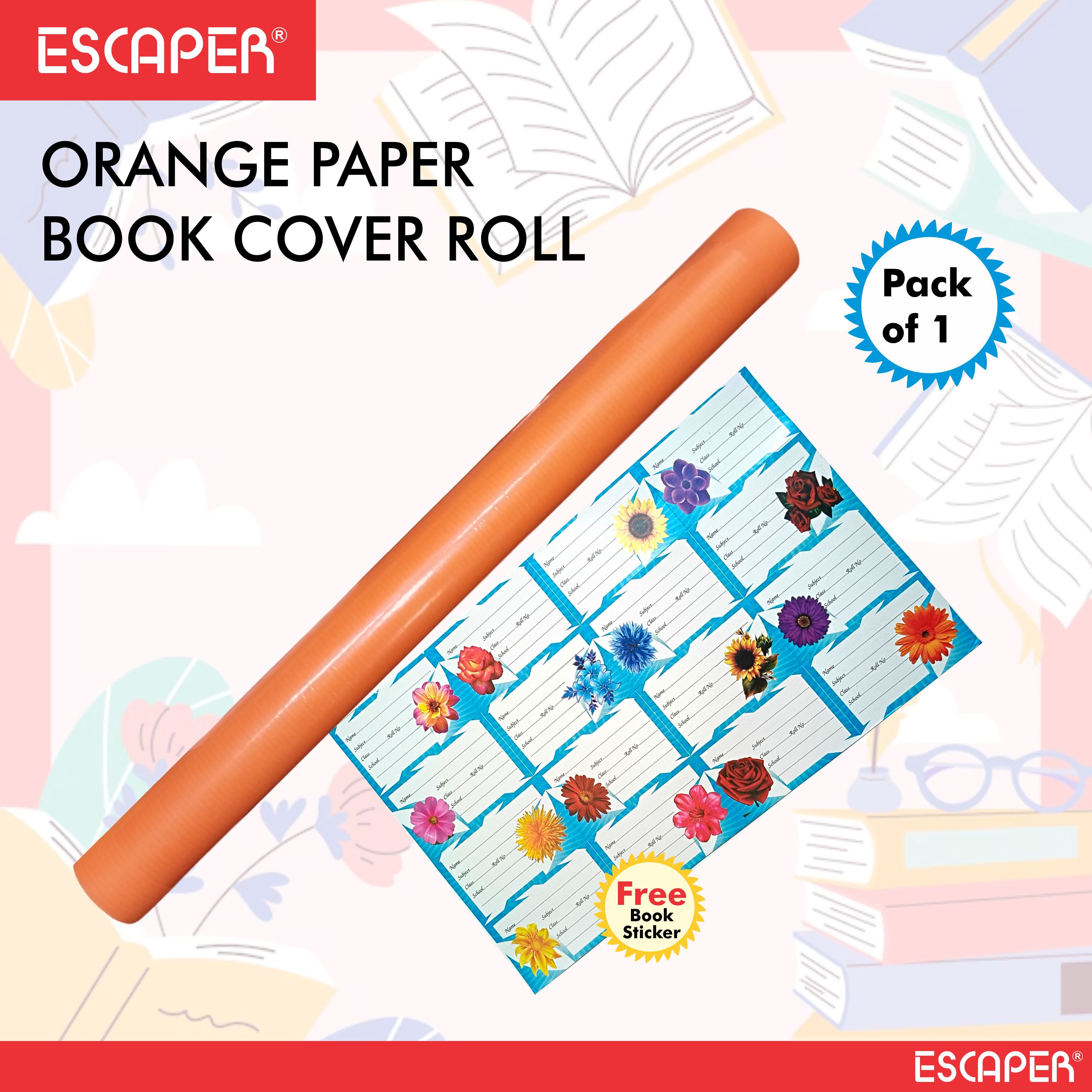 Orange Laminated Paper Book Cover Roll with 1 Sticker Sheet (15 Inch x 8 Meter), Book Protect Paper Roll for Kids, School Notebooks, Guides, Non-Toxic and Book Binding Roll