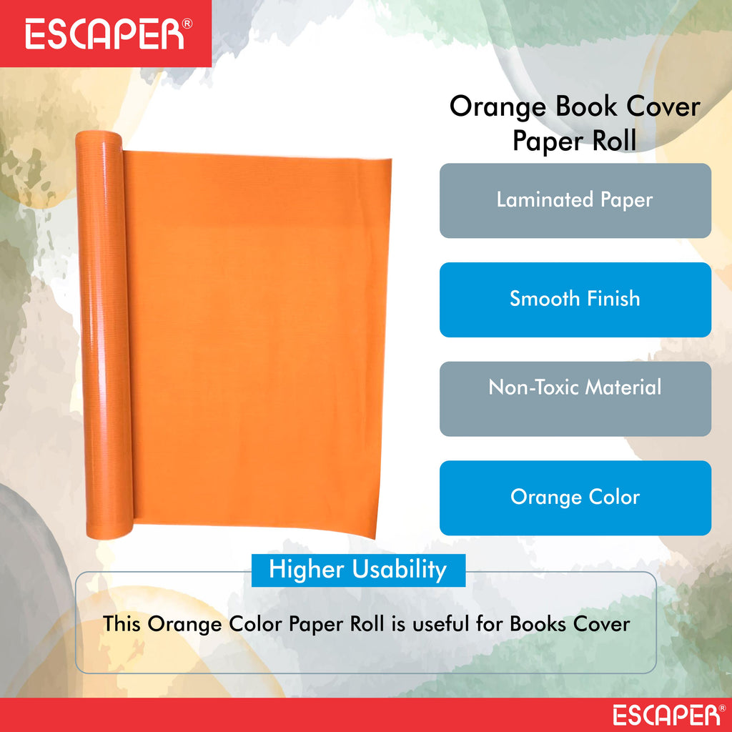 Orange Laminated Paper Book Cover Roll with 1 Sticker Sheet (15 Inch x 8 Meter), Book Protect Paper Roll for Kids, School Notebooks, Guides, Non-Toxic and Book Binding Roll