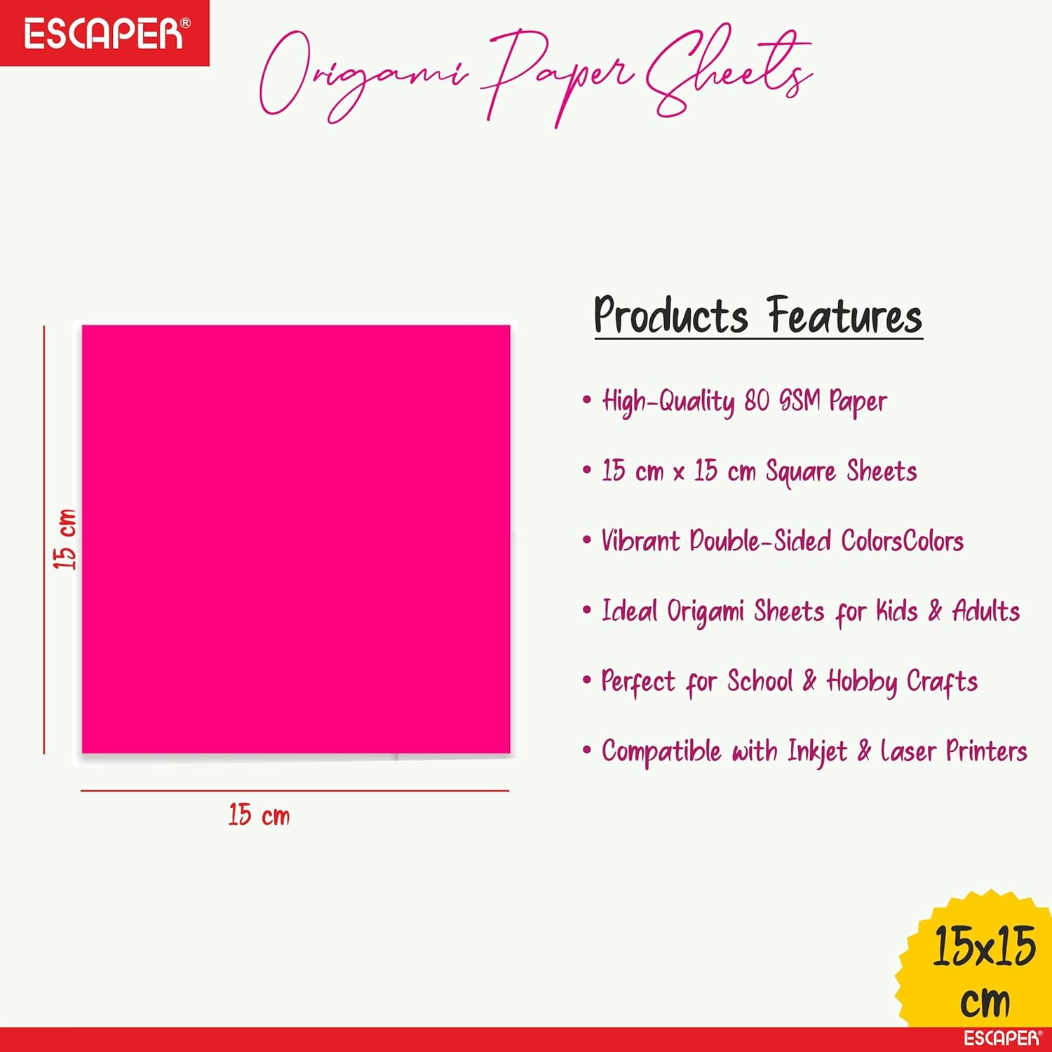 Origami Paper for Craft - 15 x 15 cm - 80 GSM - 100 Sheets - Double Sided Color, Assorted Colors, Origami Sheets for Kids, Art and Craft Material, Paper Folding, DIY Projects