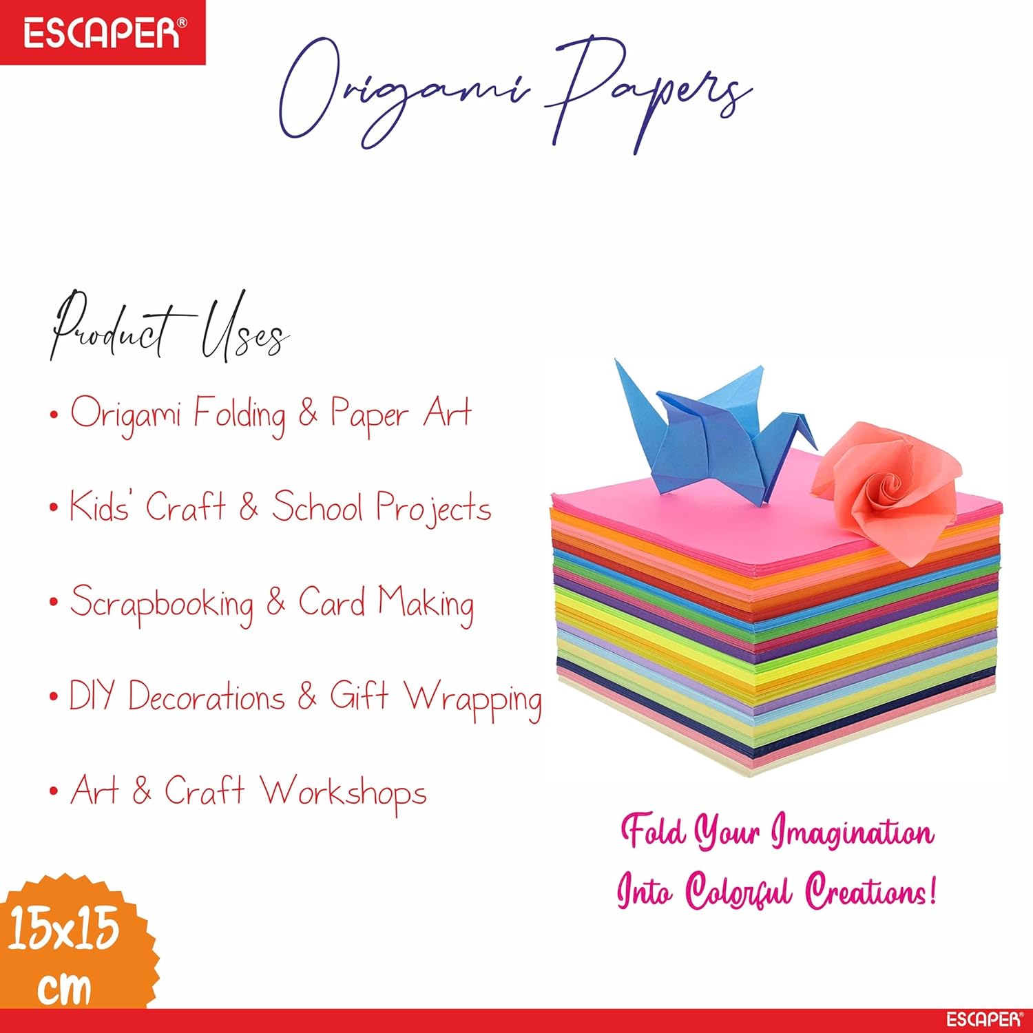 Origami Paper for Craft - 15 x 15 cm - 80 GSM - 100 Sheets - Double Sided Color, Assorted Colors, Origami Sheets for Kids, Art and Craft Material, Paper Folding, DIY Projects