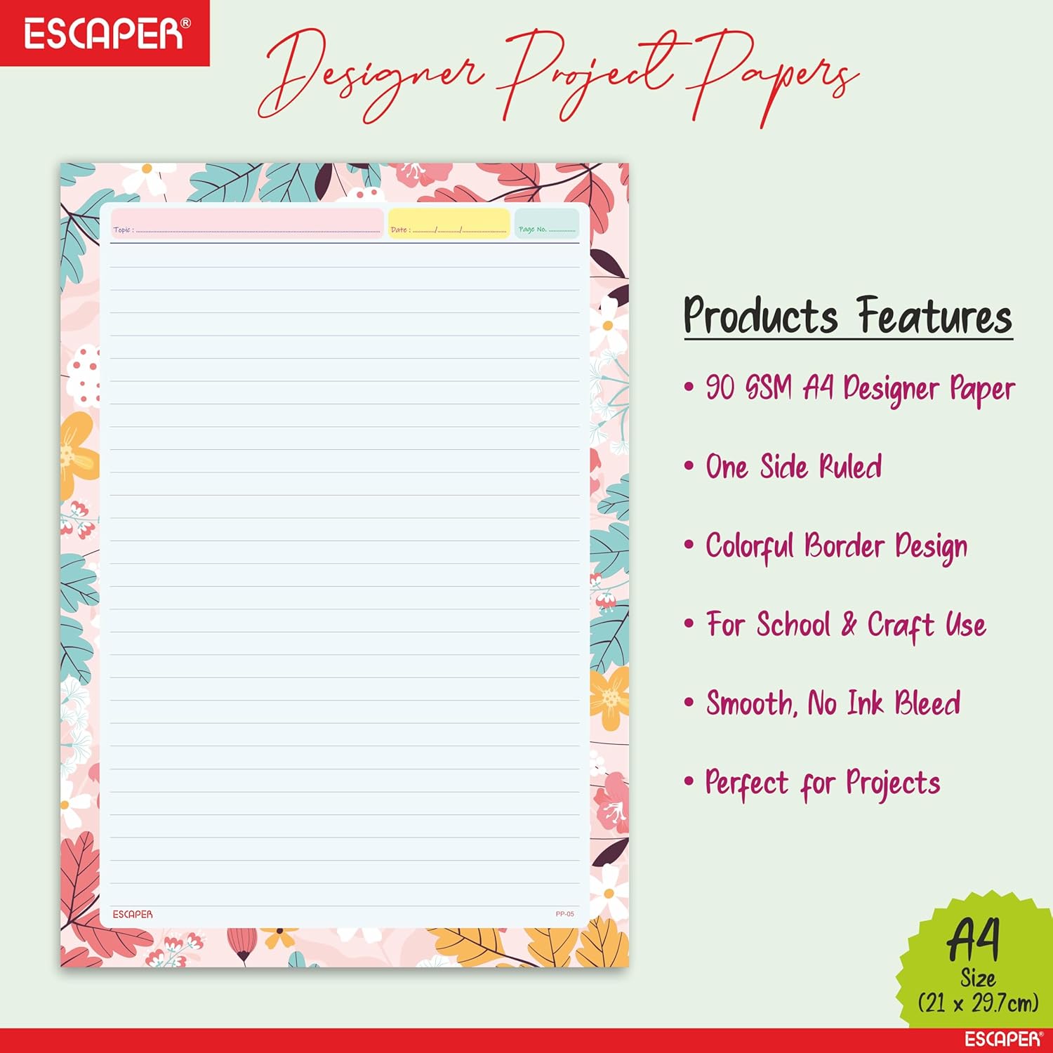 Designer Paper Sheets A4 – One Side Ruled – 90 GSM Project Paper for School Assignments, Craft Work, Art Projects & Office Use