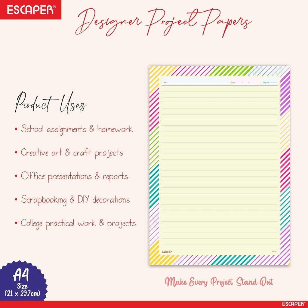 Designer Paper Sheets A4 – One Side Ruled – 90 GSM Project Paper for School Assignments, Craft Work, Art Projects & Office Use