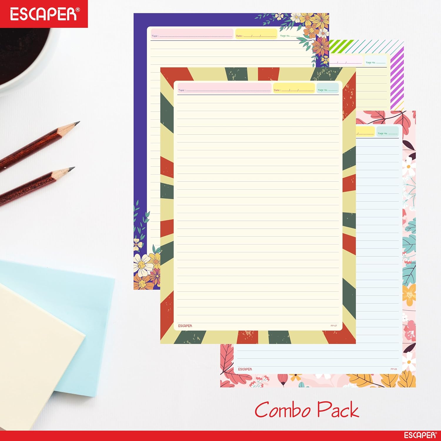 Designer Paper Sheets A4 – One Side Ruled – 90 GSM Project Paper for School Assignments, Craft Work, Art Projects & Office Use