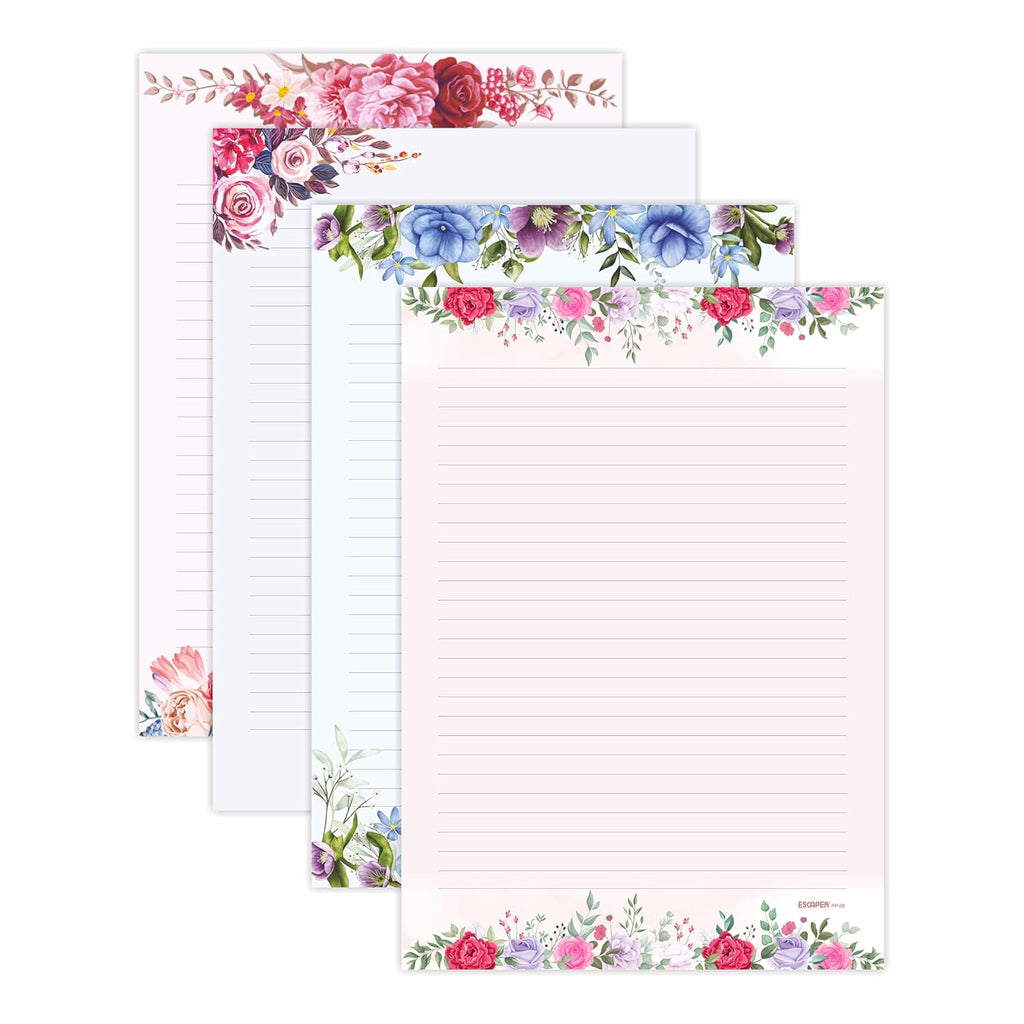 Floral Theme Designer A4 Paper Sheets – 90 GSM Writing Paper – One Side Ruled & One Side Blank – For School Projects, Assignments, Office Use & Printing