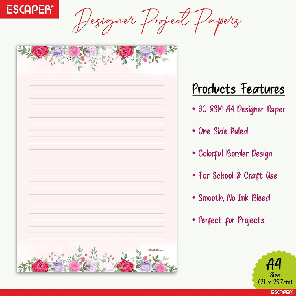 Floral Theme Designer A4 Paper Sheets – 90 GSM Writing Paper – One Side Ruled & One Side Blank – For School Projects, Assignments, Office Use & Printing