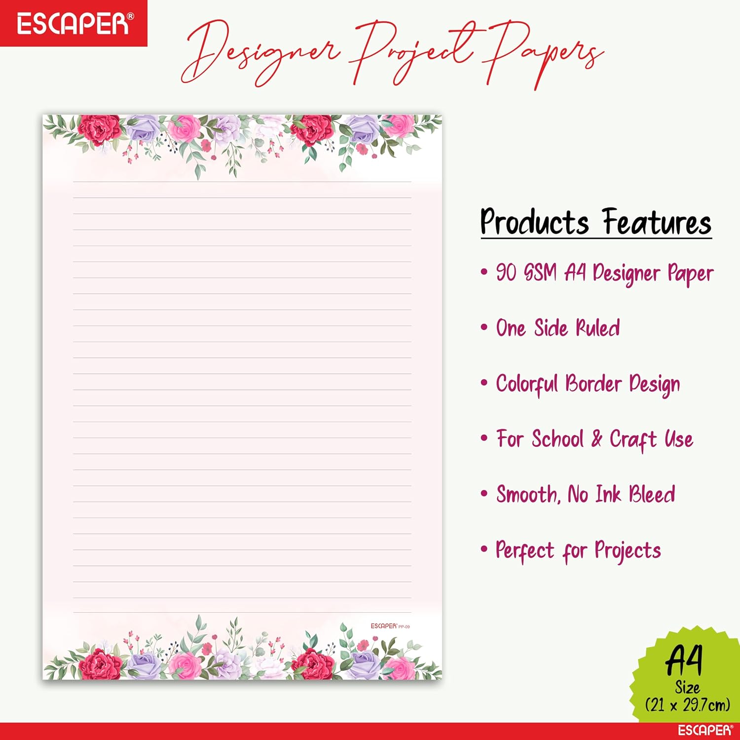 Floral Theme Designer A4 Paper Sheets – 90 GSM Writing Paper – One Side Ruled & One Side Blank – For School Projects, Assignments, Office Use & Printing